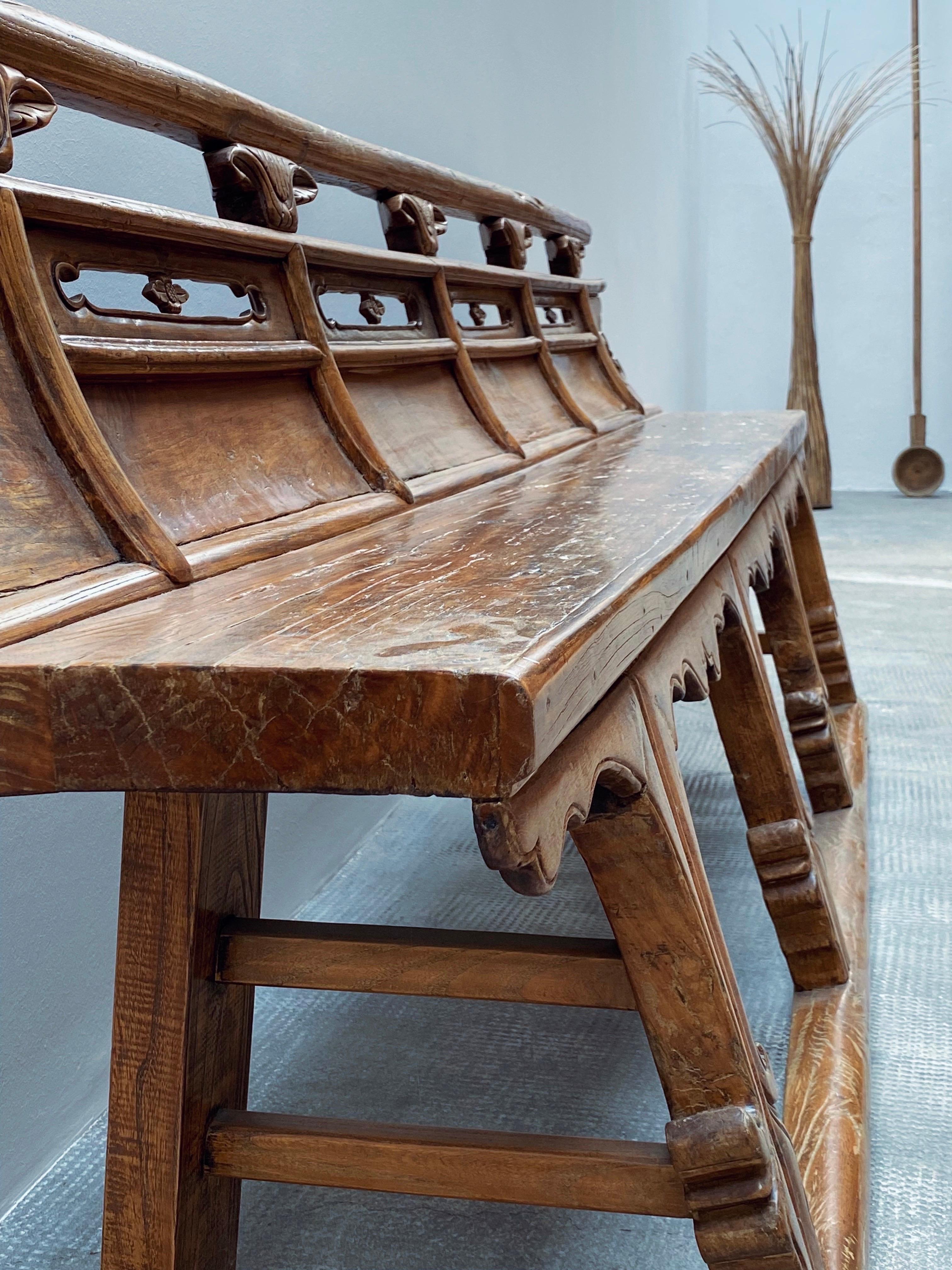 Antike Theaterbank Sitzbank Opera Bench Ulmenholz massiv, China 18. Jhd Exportación china en venta