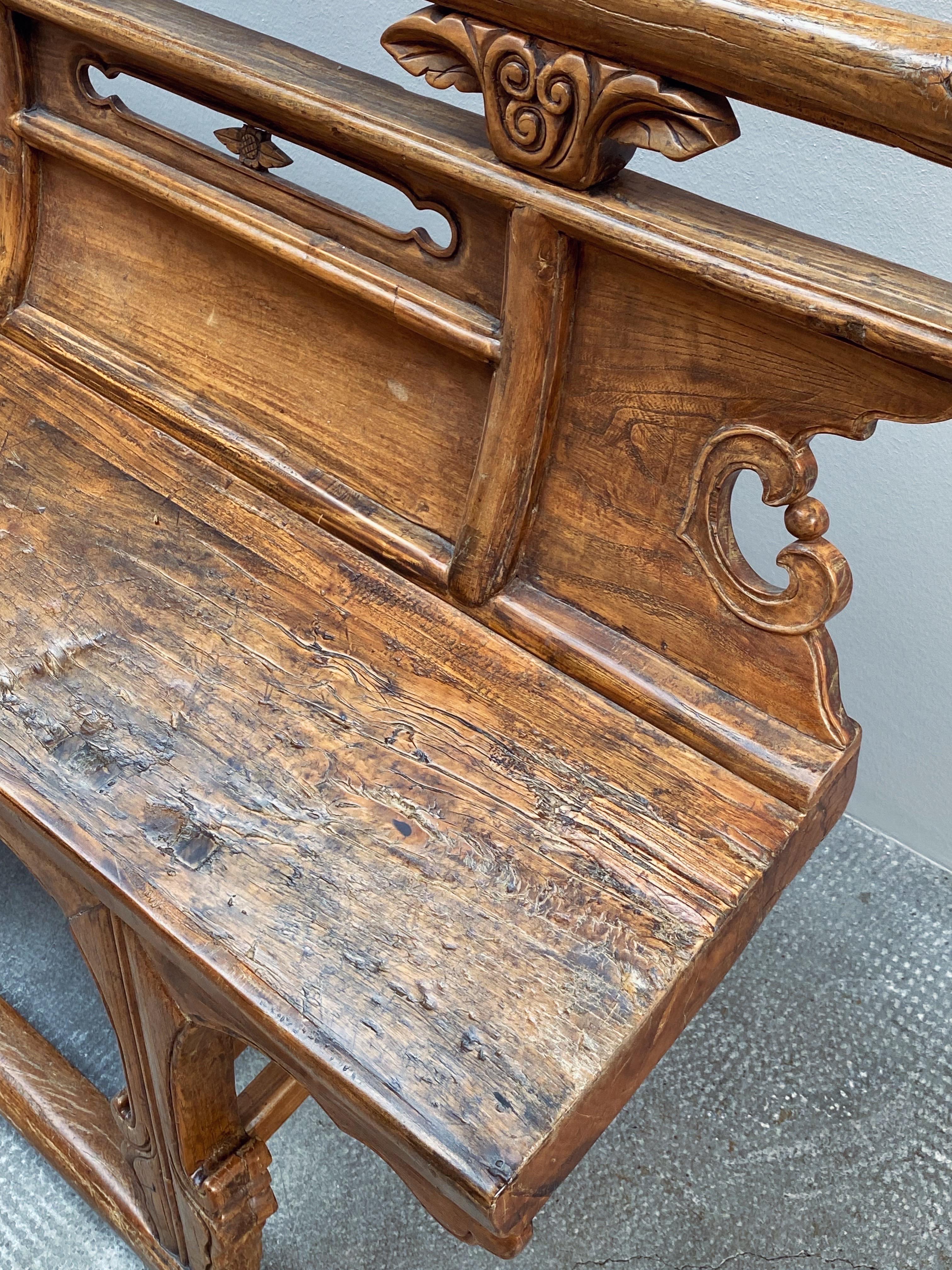 Antike Theaterbank Sitzbank Opera Bench Ulmenholz massiv, China 18. Jhd siglo XIX en venta