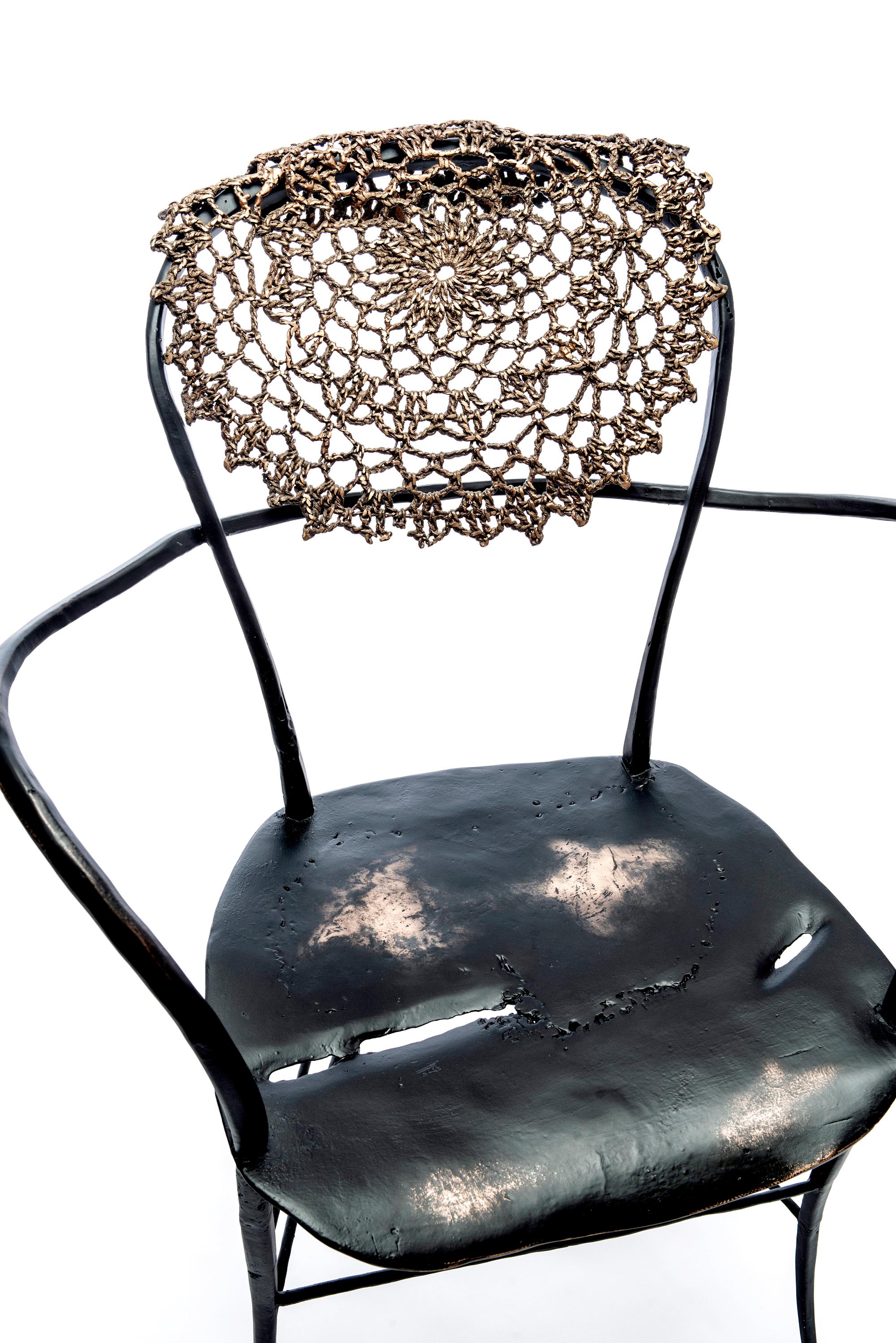 Ruben van Megen
Antimacassar III, 2018
Cast bronze, black patinated bronze combined with high-gloss polished bronze
33.5 x 22.5 x 22.5 in

Created by Ruben van Megen, this unique chair is inspired by and made out of antimacassar, a crocheted doily