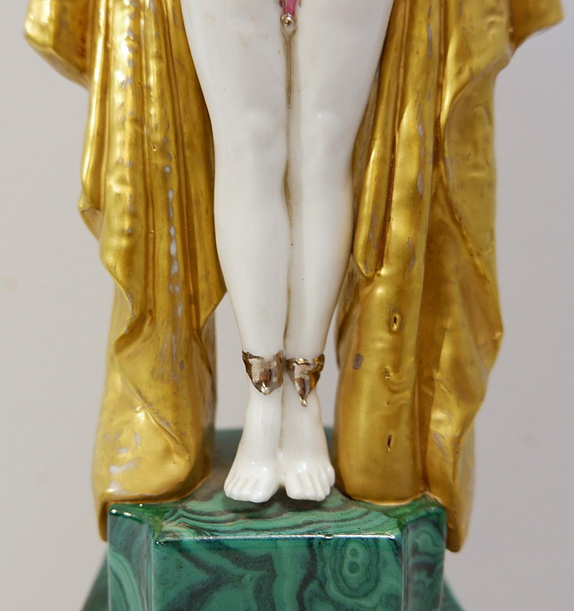 French Antinéa Statue in Porcelain, Art Deco, France, 1968, Malachite Style Base For Sale