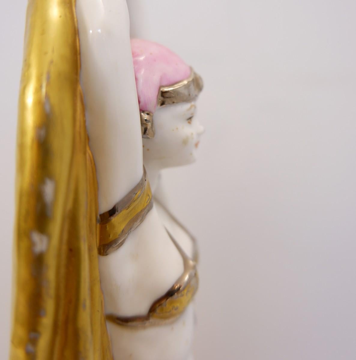 Antinéa Statue in Porcelain, Art Deco, France, 1968, Malachite Style Base For Sale 4