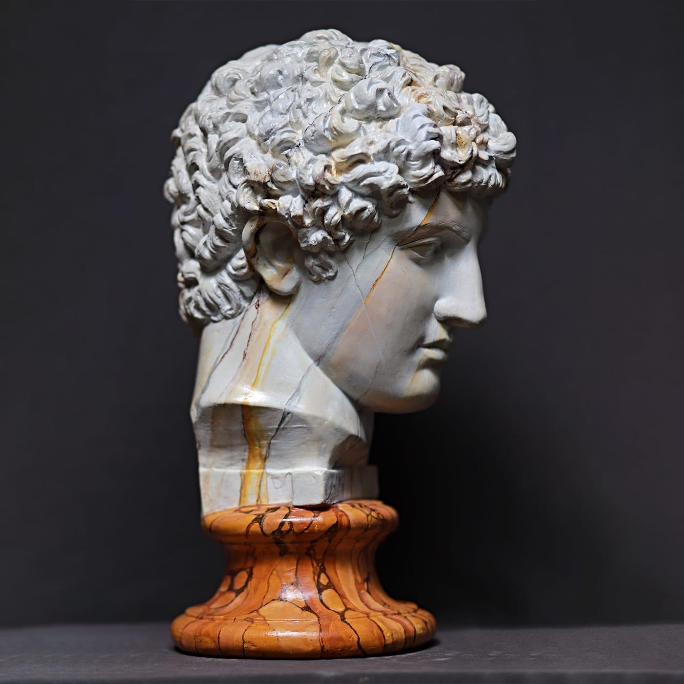 Deftly handmade of gypsum rendered with the marbling technique, which dates back to Ancient Roman times especially typical of the Pompeian paintings, this sculpture depicts Antinoo, a Bithynian Greek young boy beloved by the Roman emperor Hadrian,