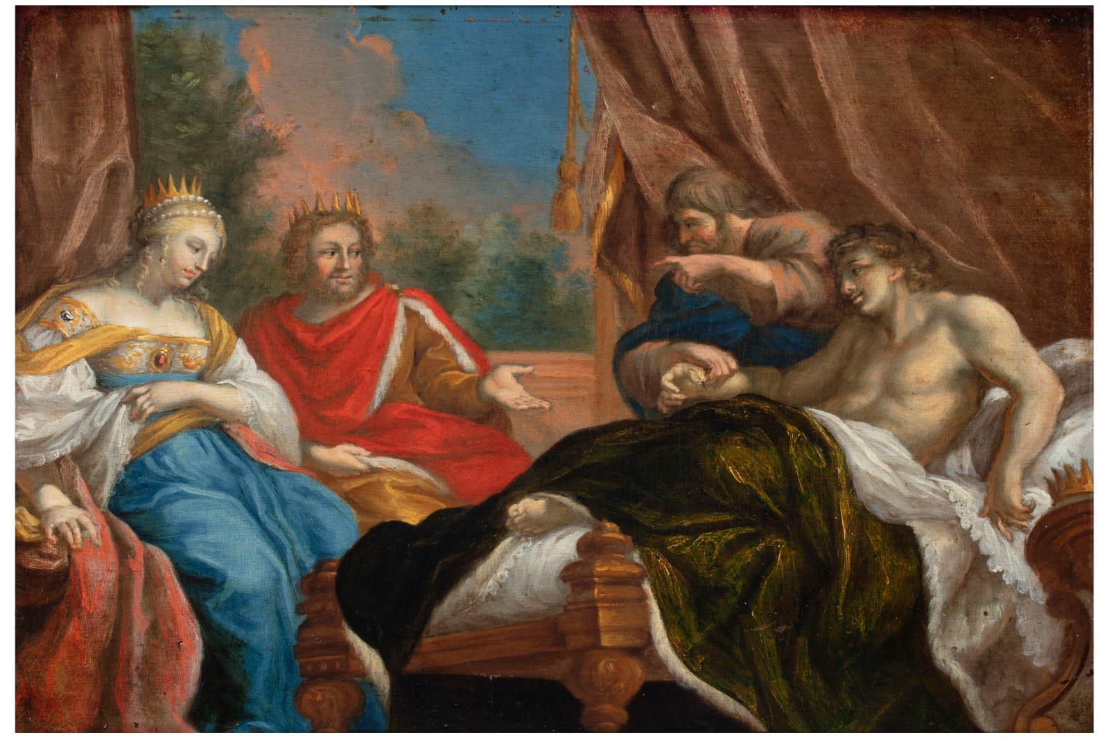 Antiochus and Stratonice, circle of Girolamo Brusaferro (c. 1684 - Venice, c. 1760), oil on panel, measures 21x31 cm, with 20th-century frame 31x41 cm, 3 cm thick.
On the back of the painting is a fragment of an old label written in French that
