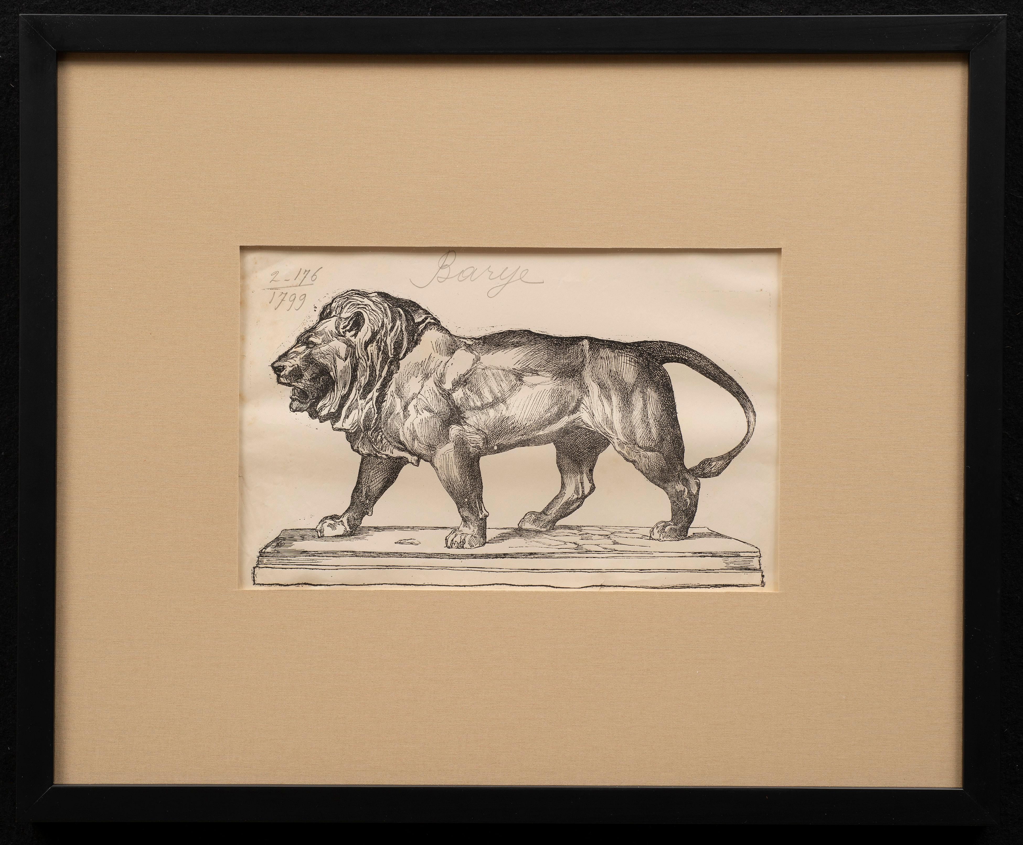 Antoine-Louis Barye Figurative Print - Antoine Louis-Barye "Walking Lion" Antique Engraving by Firmin Gillot ca. 1870 