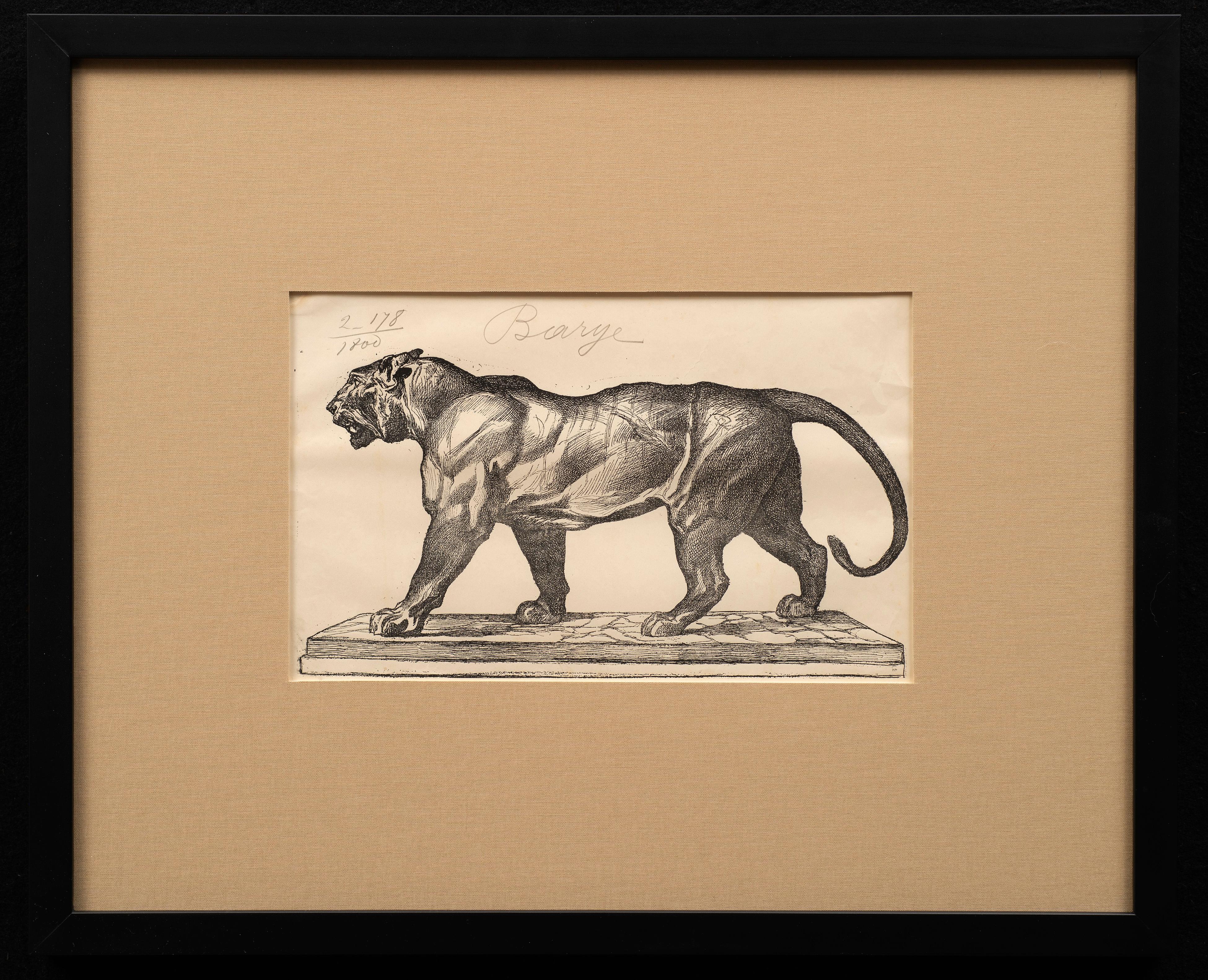 Antoine-Louis Barye Figurative Print - Antoine Louis-Barye "Walking Tiger" Antique Engraving by Firmin Gillot ca. 1870 