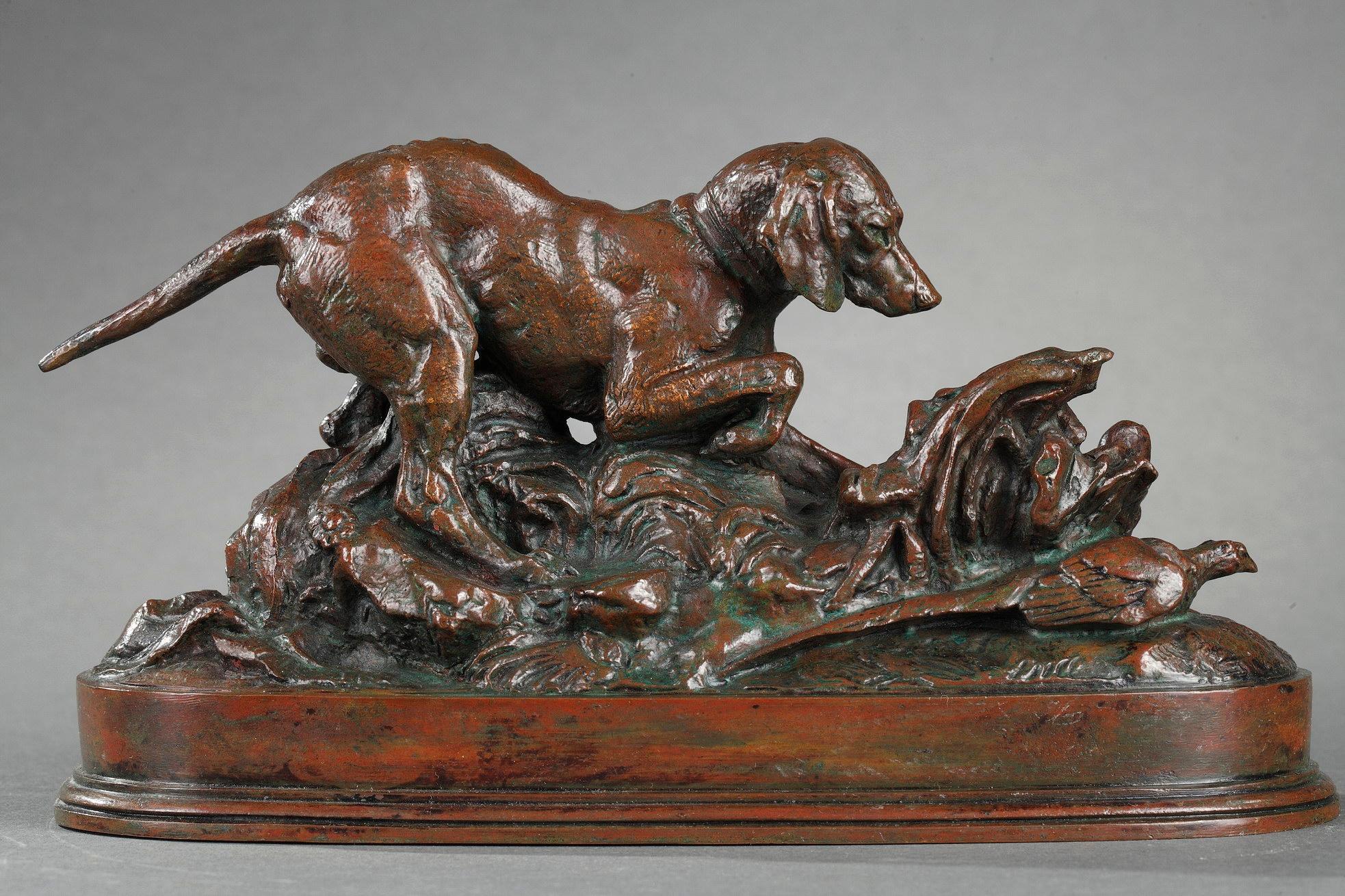 Antoine-Louis Barye Figurative Sculpture - A pointer pointing a pheasant