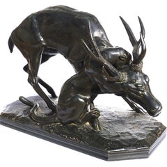 Antoine-Louis Barye Bronze Panther ergreift einen Hirsch, um 1860