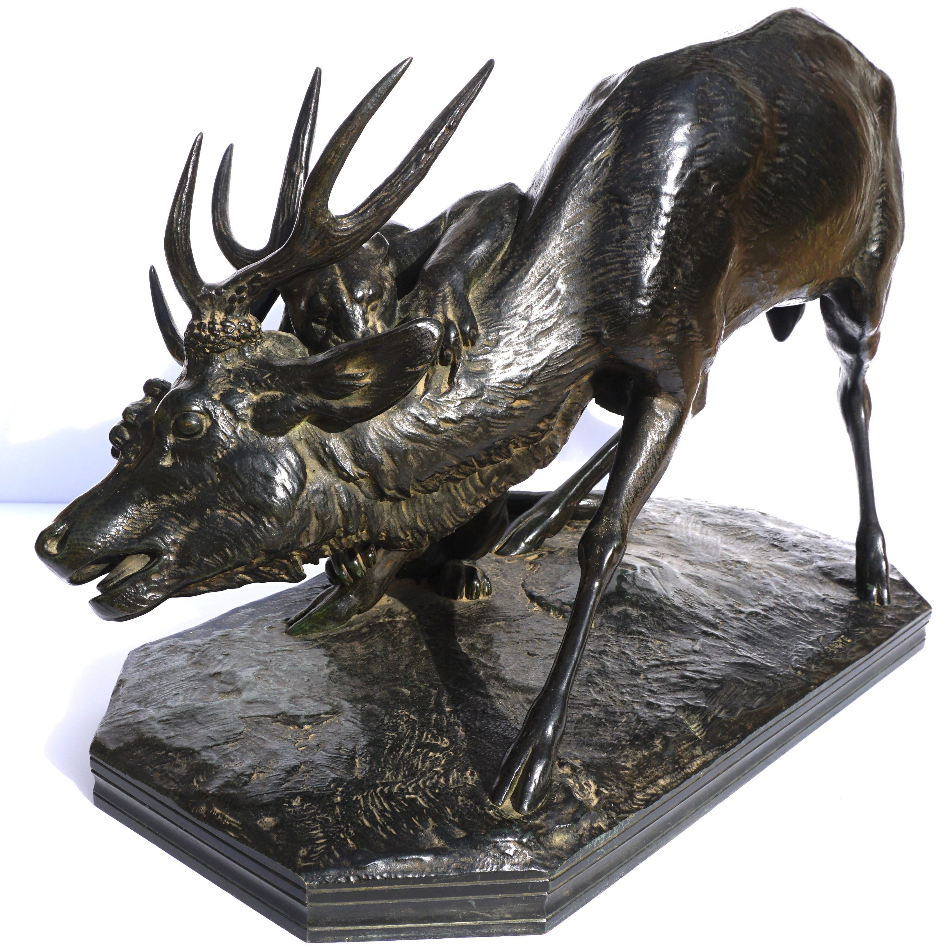 Antoine-Louis Barye (FRENCH, 1795-1875) 
Panthère saisissant un cerf (Panther seizing a stag) 
Signed: “BARYE”
Stamped: Susse Fres 
bronze, dark-green/black patina 
Measures: Height 12.75 In. (32.4 cm.) 
Width 21 Inches
Depth 10.5

Provenance: