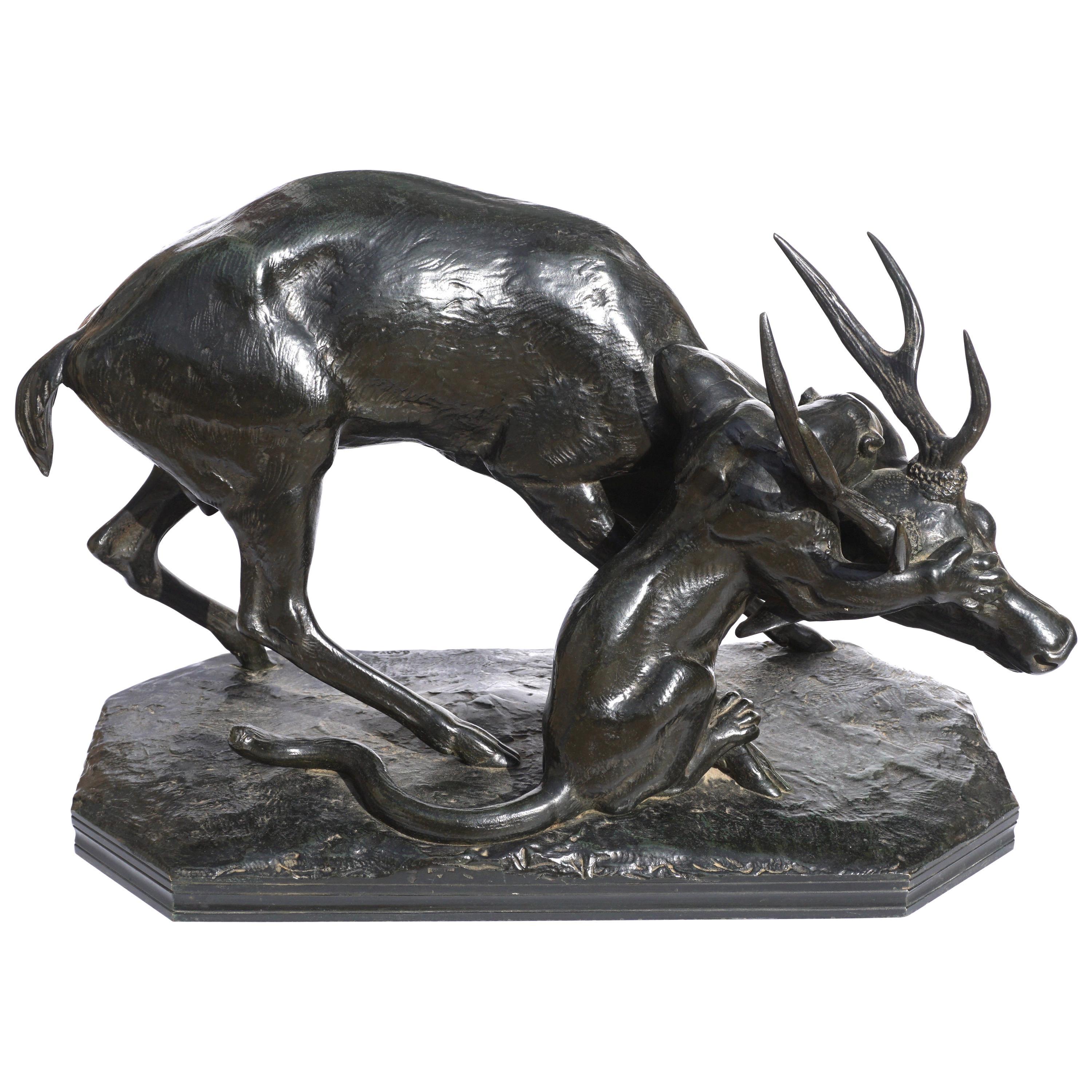 Antoine-Louis Barye Figurative Sculpture - Antoine Louis Barye Bronze Panther Seizing A Stag, circa 1860