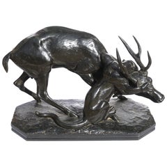 Used Antoine Louis Barye Bronze Panther Seizing A Stag, circa 1860