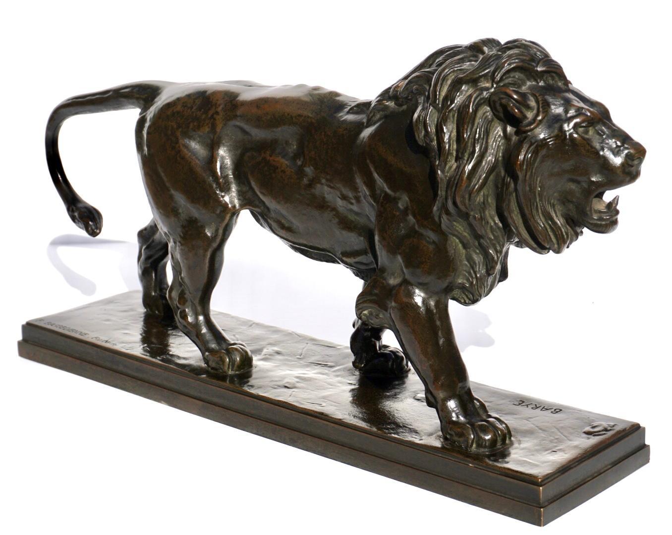 Antoine Louis Barye Lion Qui marche 17 Inch - Gold Figurative Sculpture by Antoine-Louis Barye