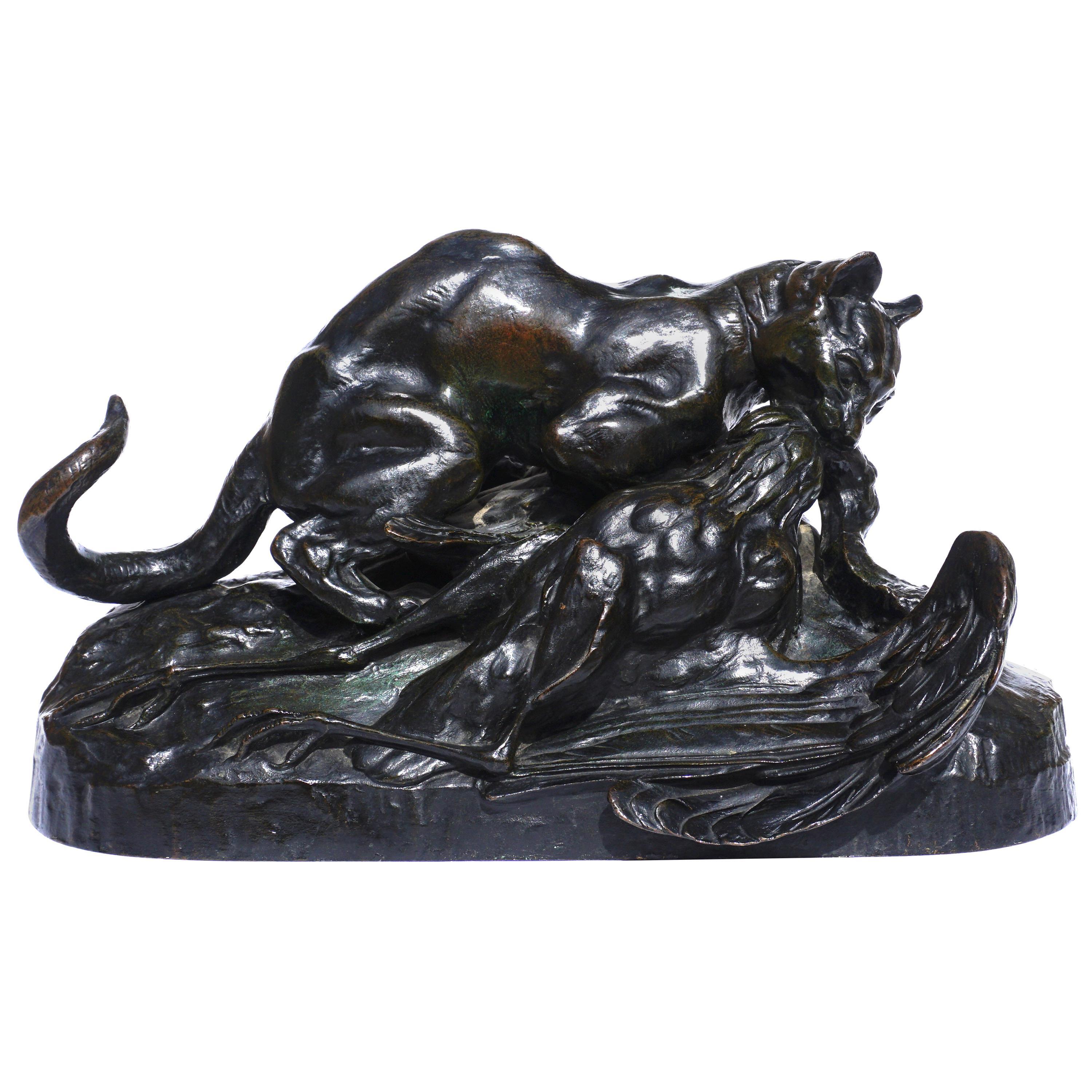 Antoine-Louis Barye (Francese, 1795-1875)
Ocelot emportant un héron (Ocelot che porta via un airone)
scultura in bronzo, patina marrone scuro, Firmata "Barye" e "F. Barbidienne Fondeur Paris", alto 18 cm. 

Questo bronzo Barye mi lascia senza fiato