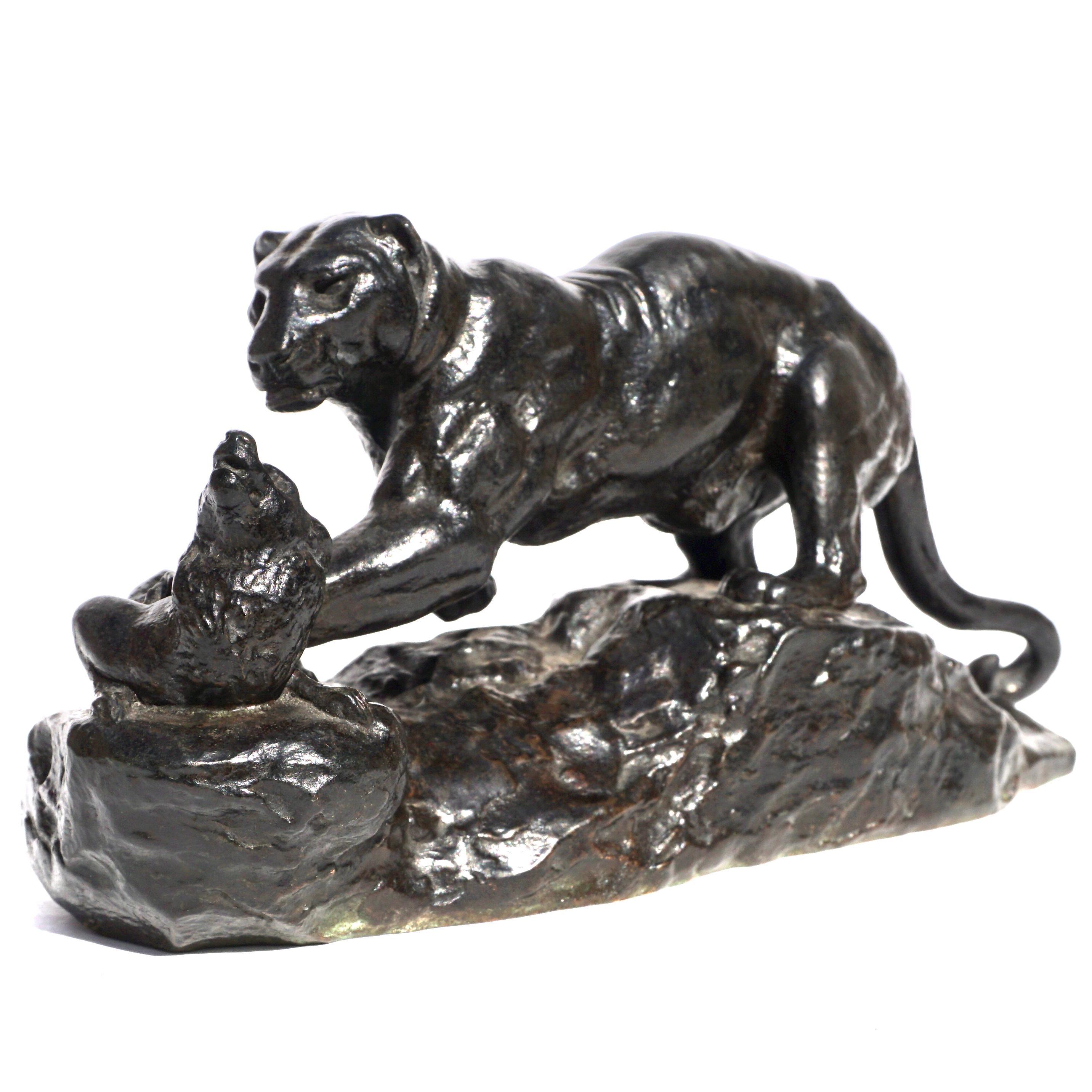 Antoine Louis Barye Panther Attacking A Civet Cat - Gold Figurative Sculpture by Antoine-Louis Barye