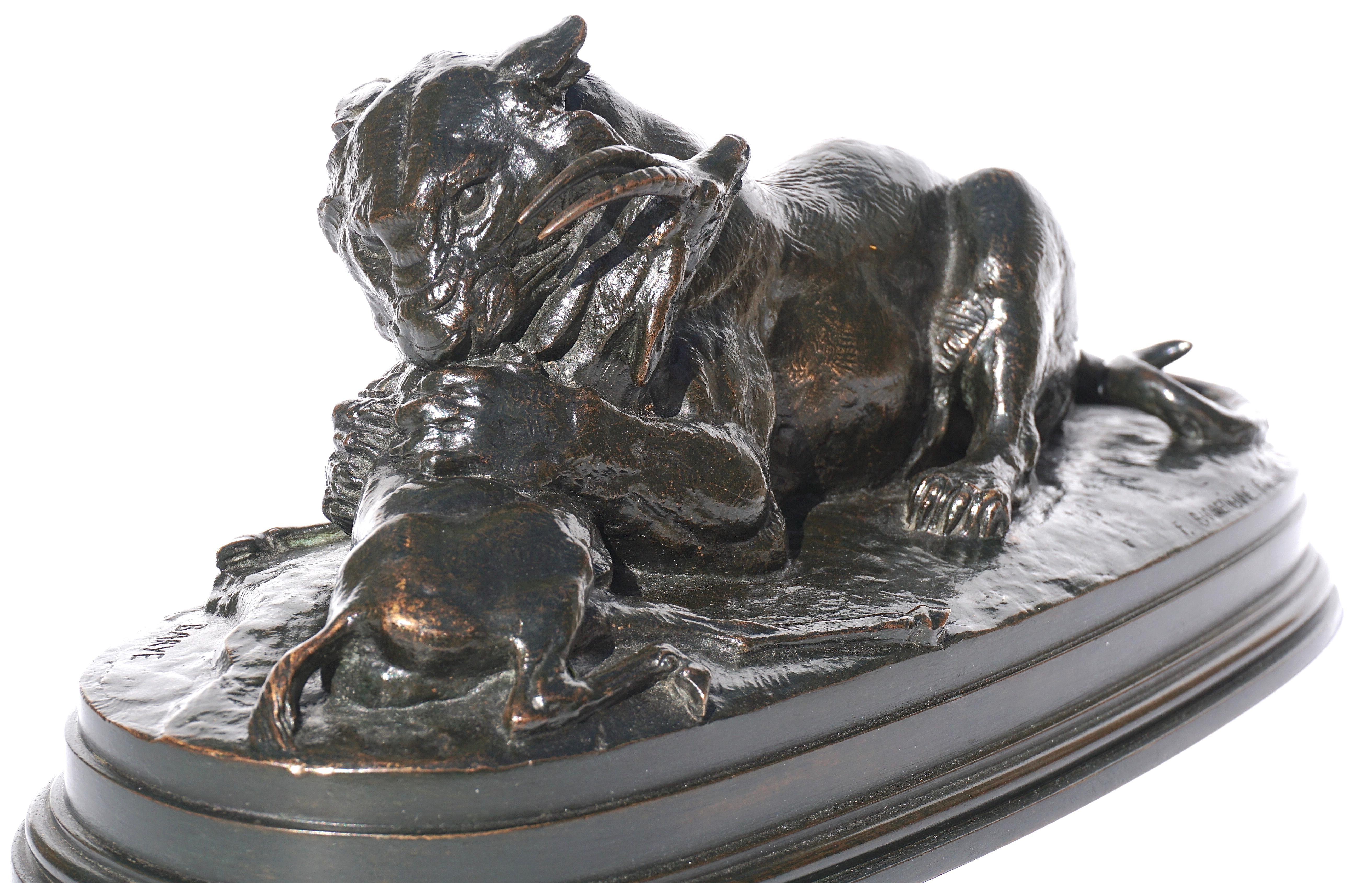 Antoine-Louis Barye (FR. 1795-1875) FRENCH
“TIGRE DEVORANT UNE GAZELLE” (TIGER DEVOURING A GAZELLE); (SECOND VERSION)

At this point; the only thing you can hear is the gazelle gasping for his last breath as the tiger’s jaws are clamping down on his