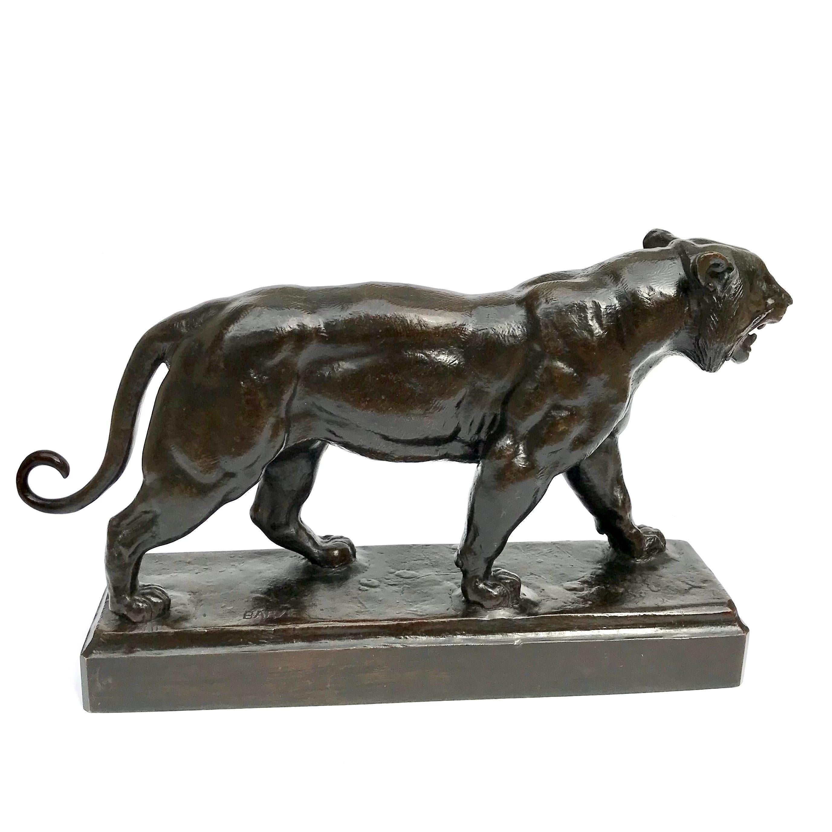 Antoine-Louis Barye (Französisch 1799 - 1875) 
tigre marchant (Wandertiger)
signiert: BARYE CIRCA 1876
Bronze, dunkelbraune Patina
Abmessungen: 17 Zoll lang x 9,75 Zoll hoch x 4 Zoll tief.

Diese ältere Bronze, die von Brame unmittelbar nach Baryes