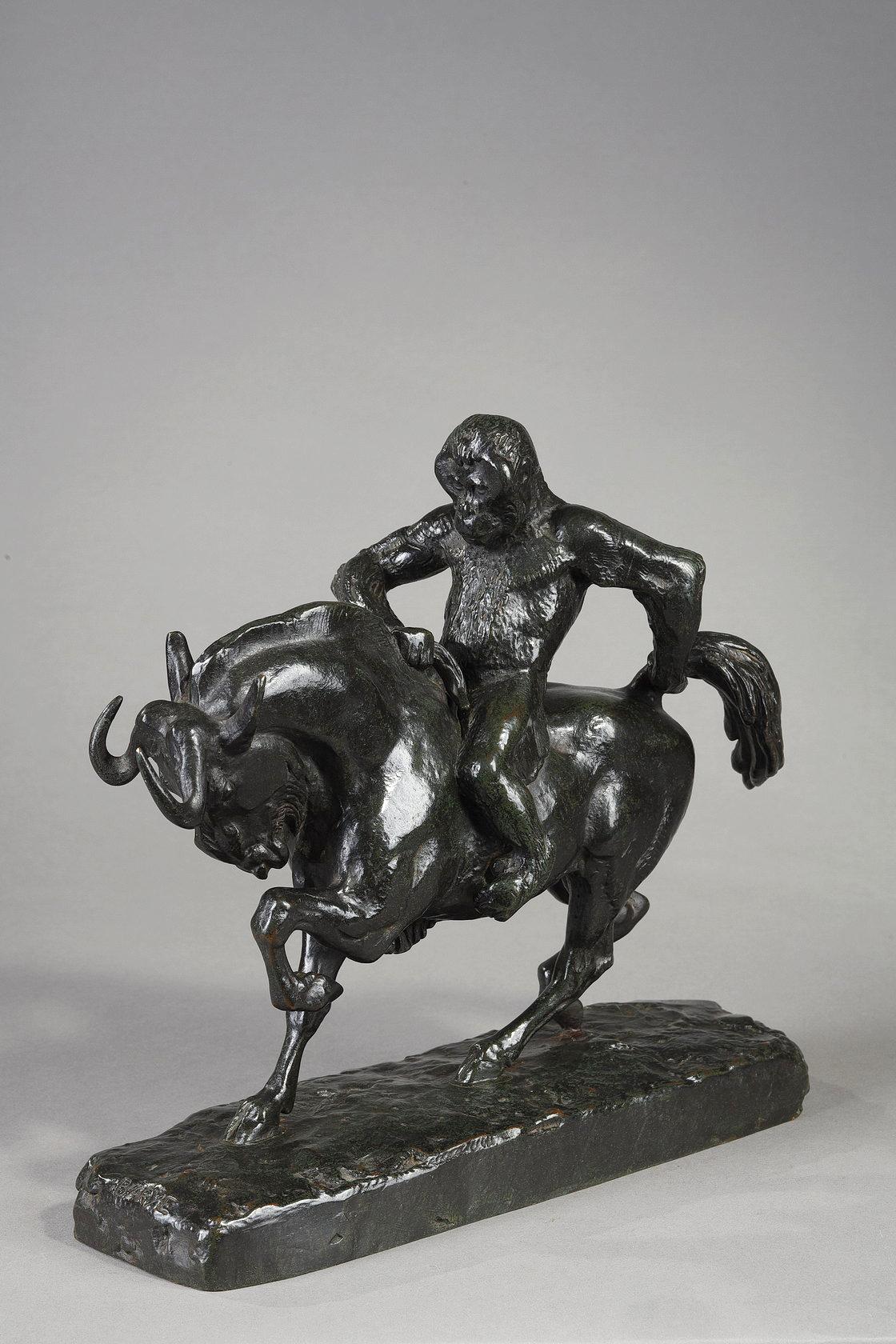 Ape riding on a Gnu - French School Sculpture by Antoine-Louis Barye