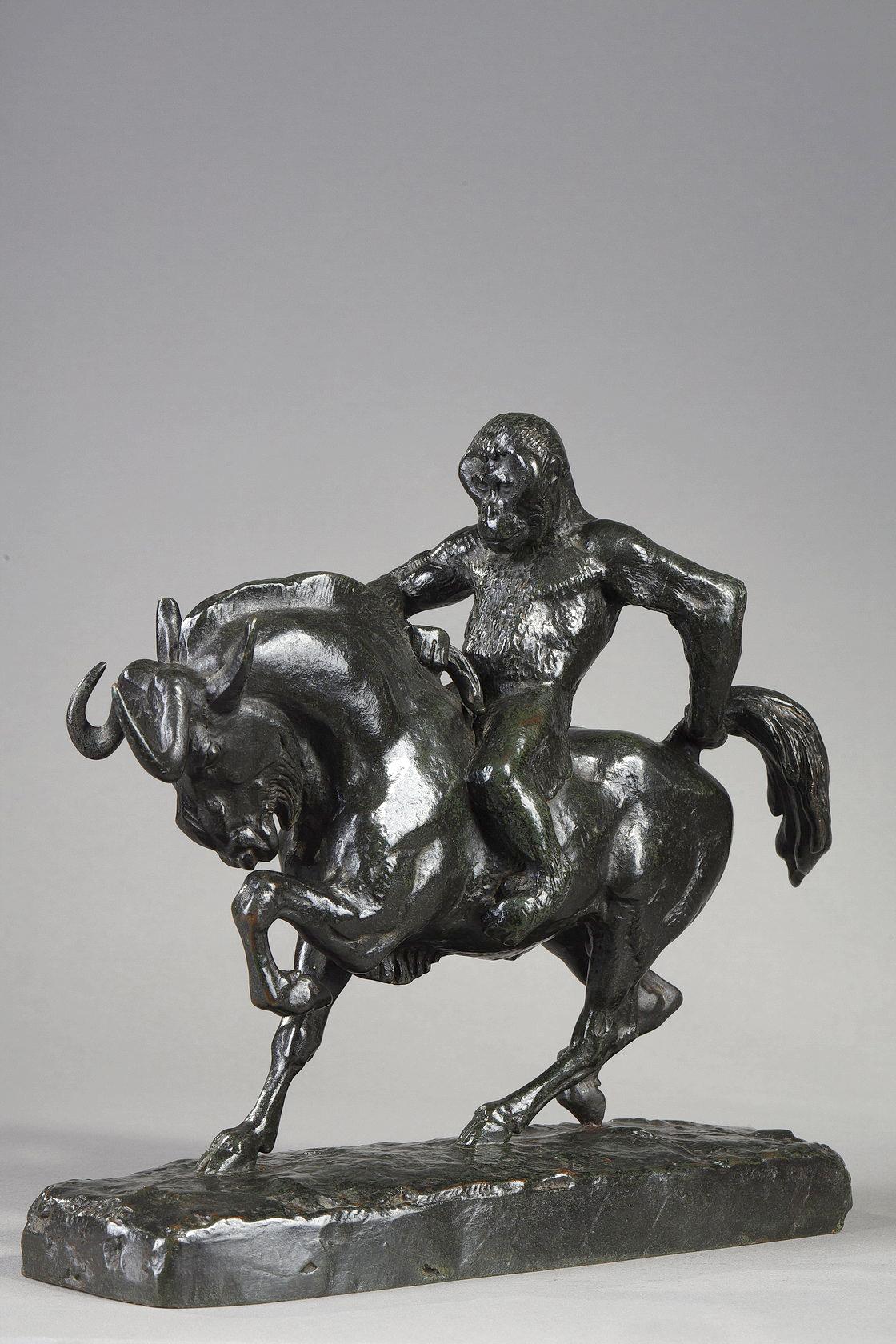 Ape riding on a Gnu - Gold Figurative Sculpture by Antoine-Louis Barye