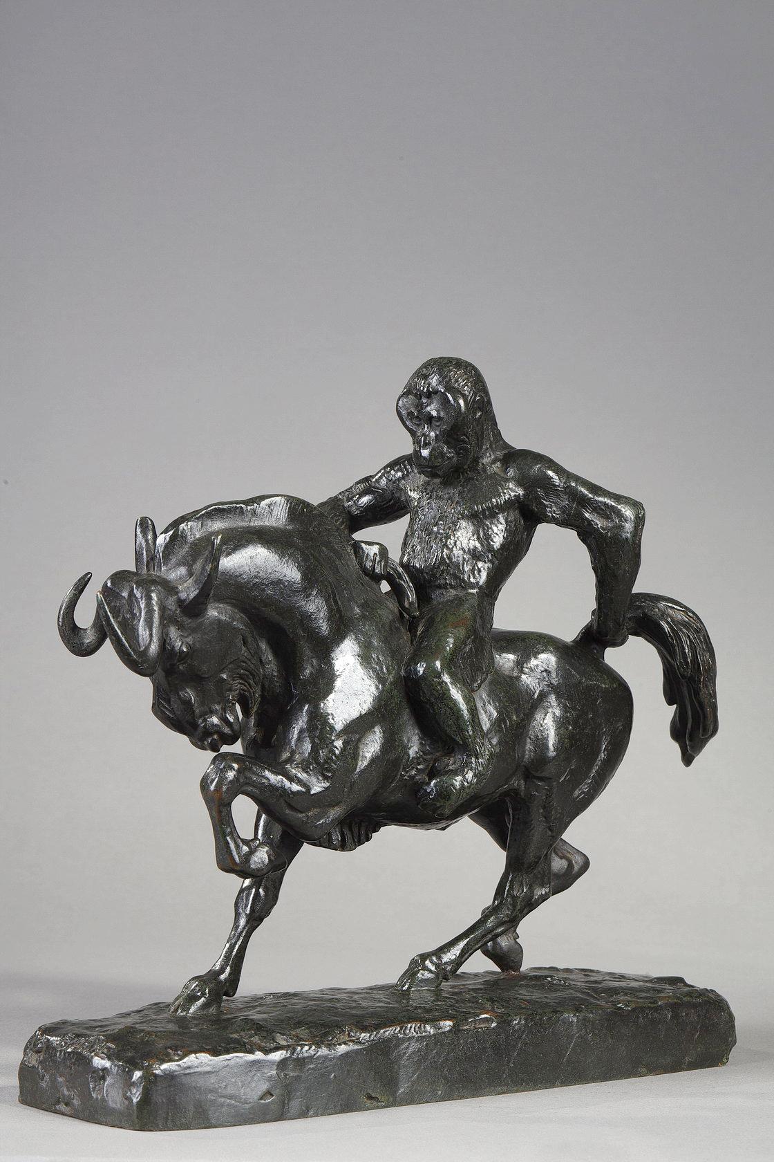 Ape riding on a Gnu - Gold Figurative Sculpture by Antoine-Louis Barye