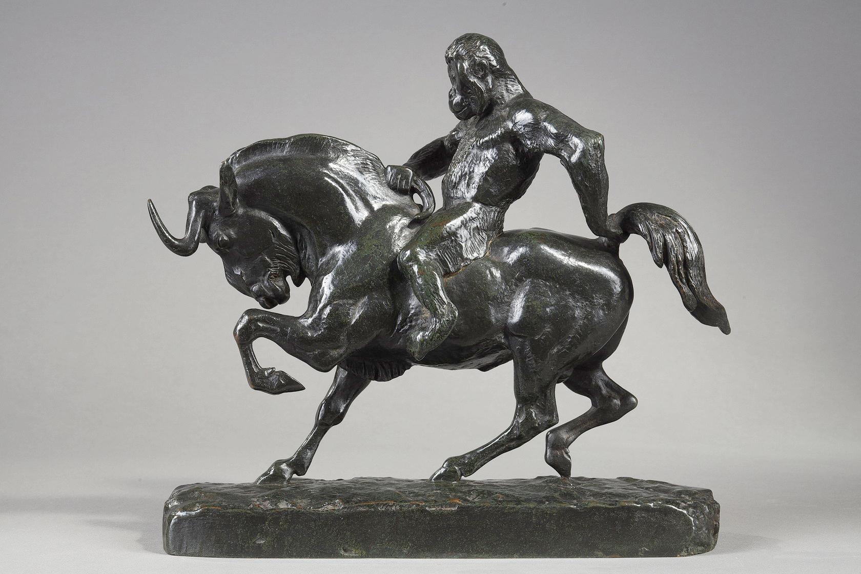 Antoine-Louis Barye Figurative Sculpture - Ape riding on a Gnu