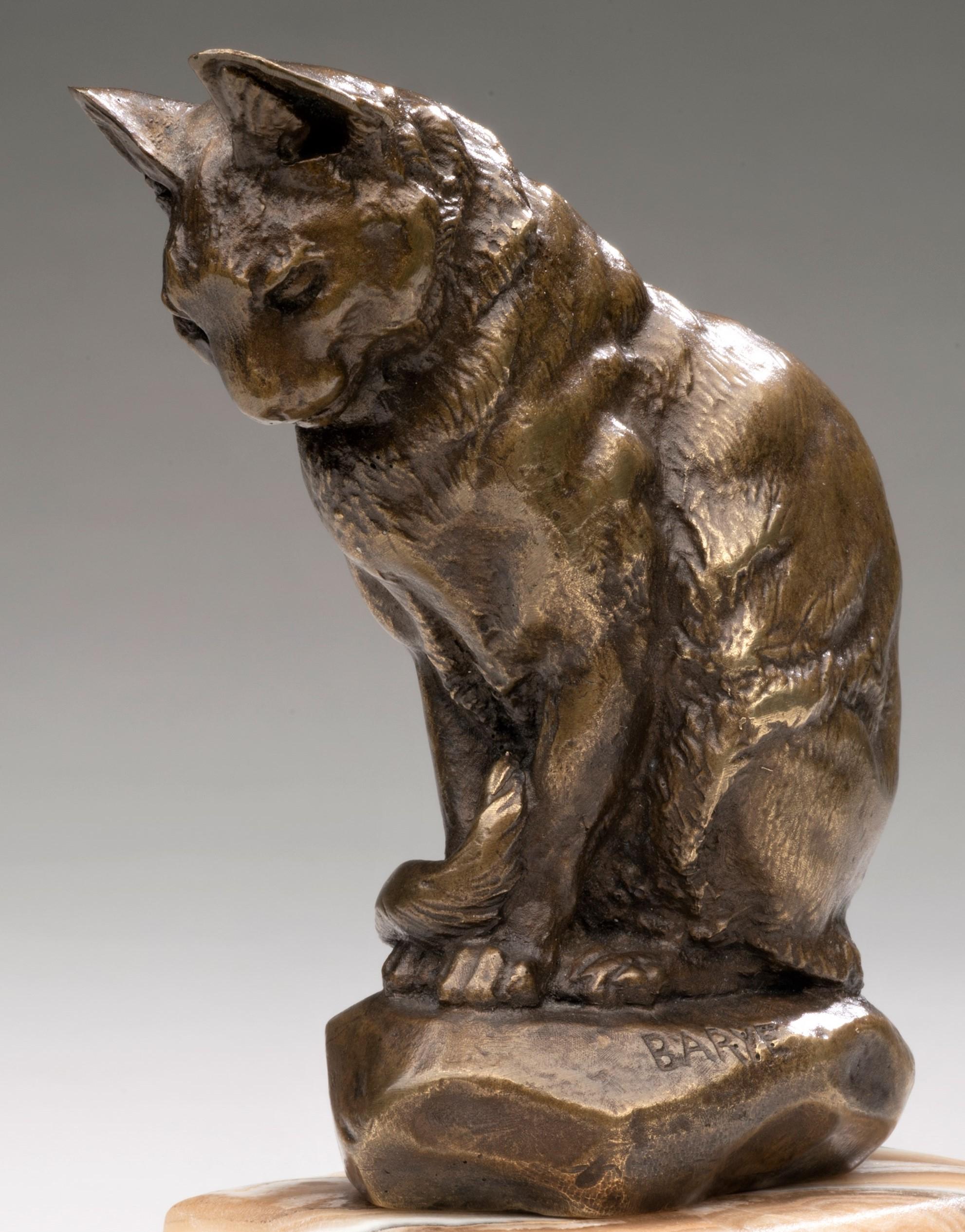 Bronze Model of a Seated Cat 
Antoine-Louis Barye (French, 1795-1875)
circa 1870's
Bronze, signed "BARYE" on the embankment
3 5/8 x 3 1/4 x 1 5/8 (4 3/4H on base) inches 

In the early 1870s, Baryes was often ill, staying at home, and spending time