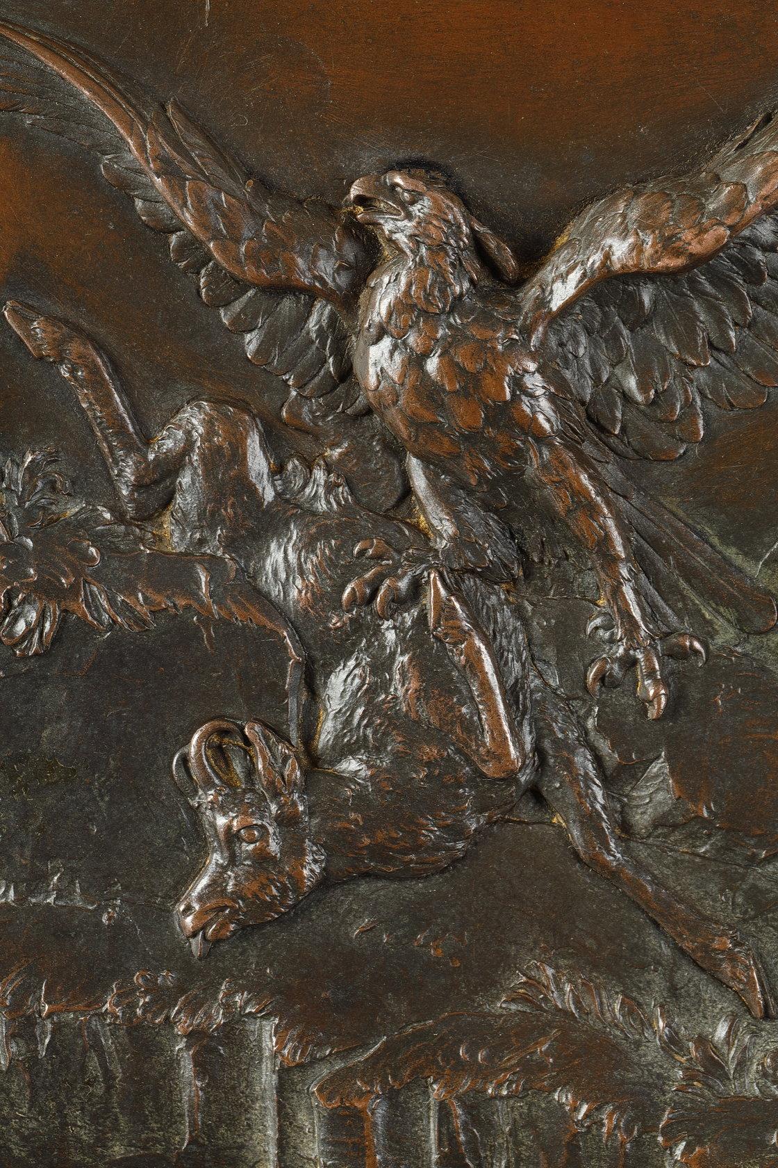 Aquila e camoscio
di Antoine-Louis Barye (1796-1875)

Targa in bronzo galvanizzato con patina marrone
Firmato 
