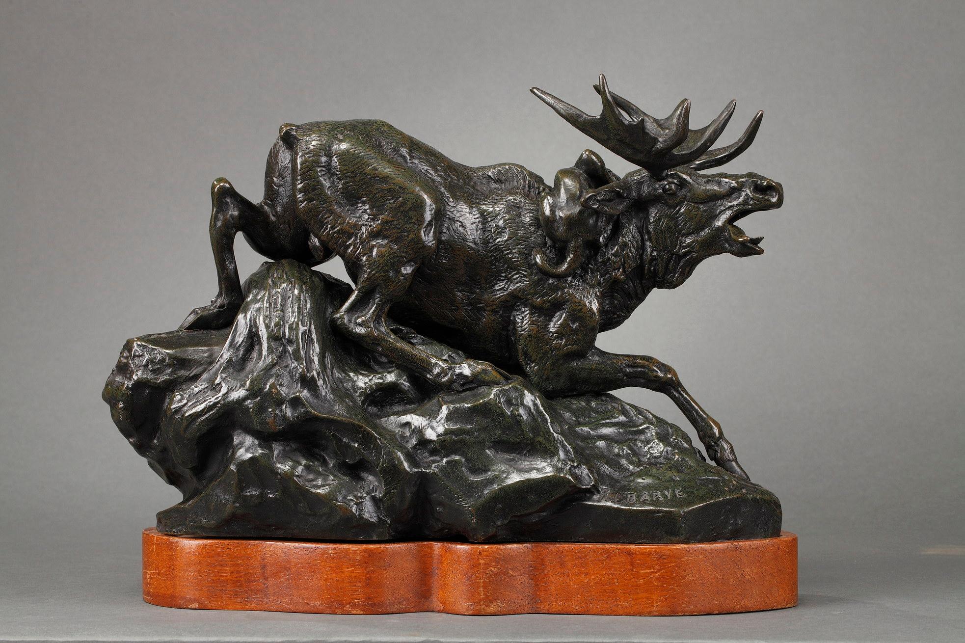 Antoine-Louis Barye Figurative Sculpture - Elk surprised by a Lynx
