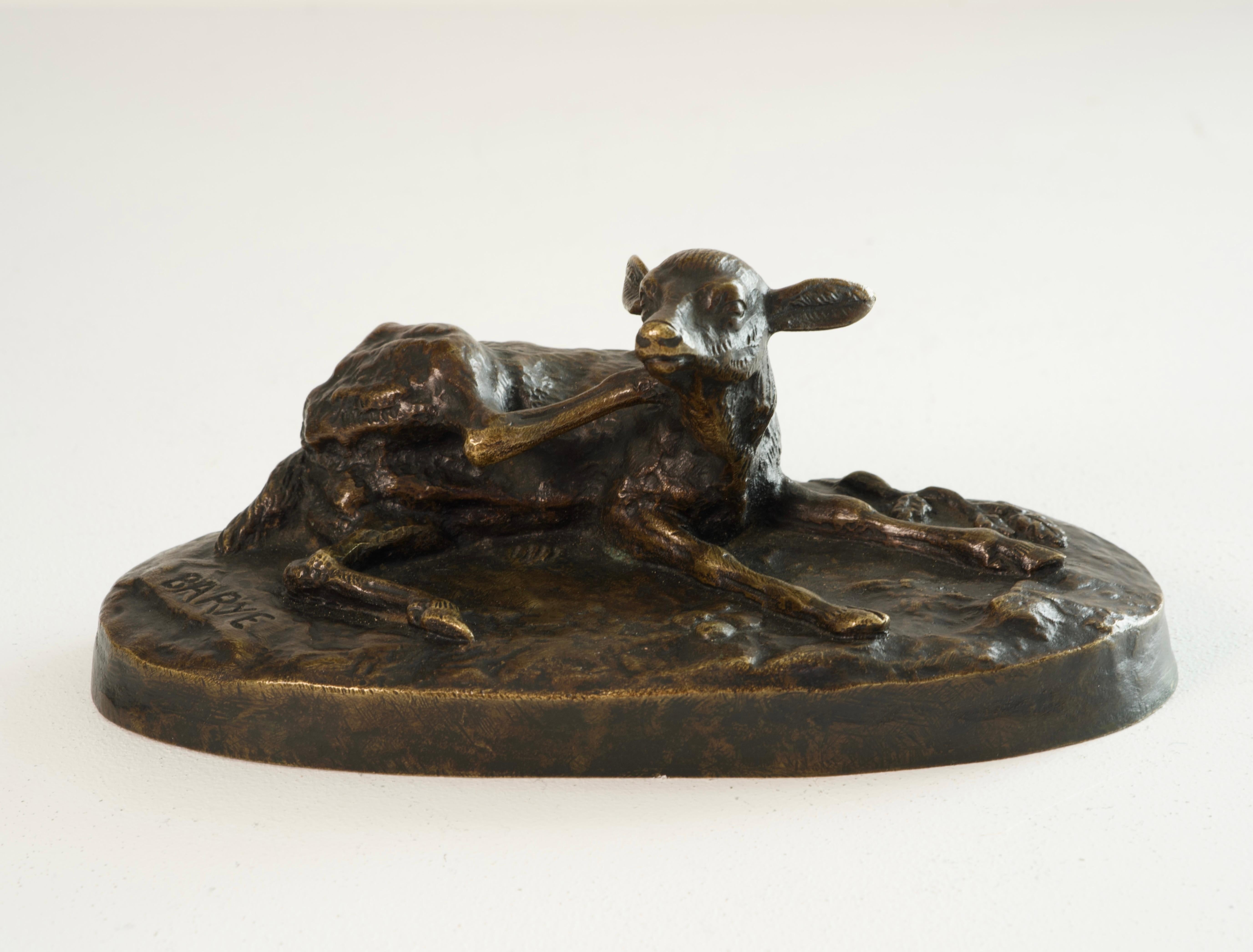 Faon se grattant - Skulptur in Bronze von Antoine Louis Barye, signé, um 1900