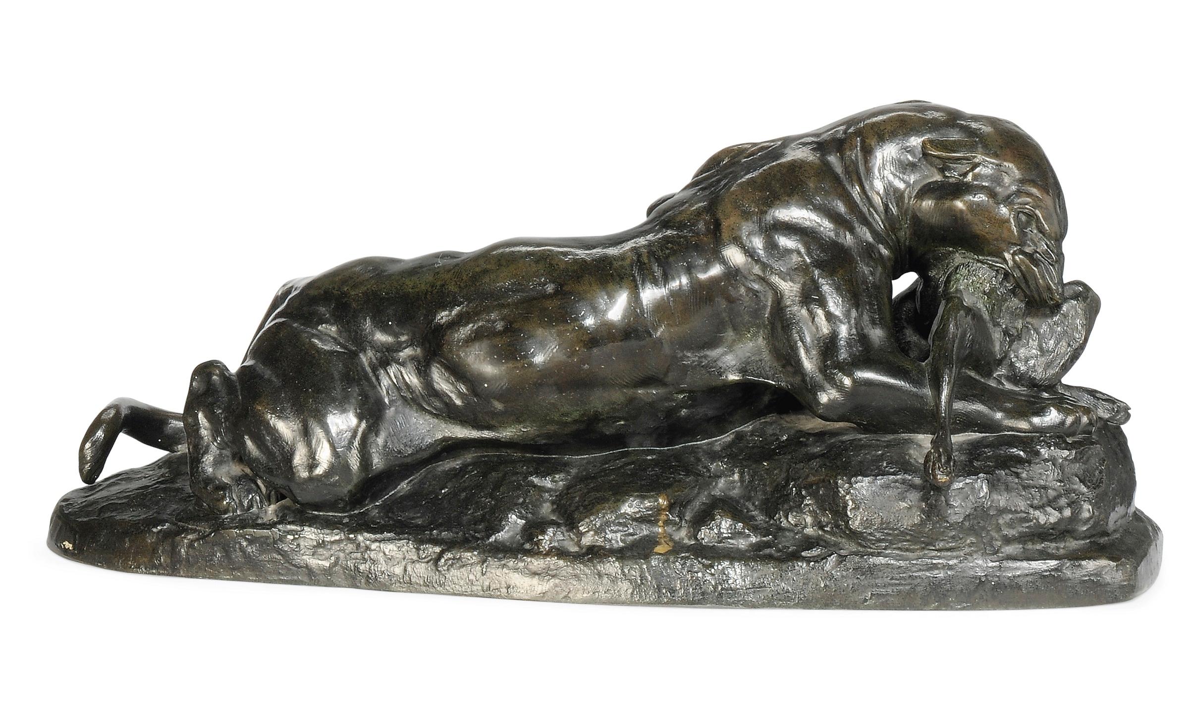 Jaguar Tenant un Liere - Sculpture by Antoine-Louis Barye
