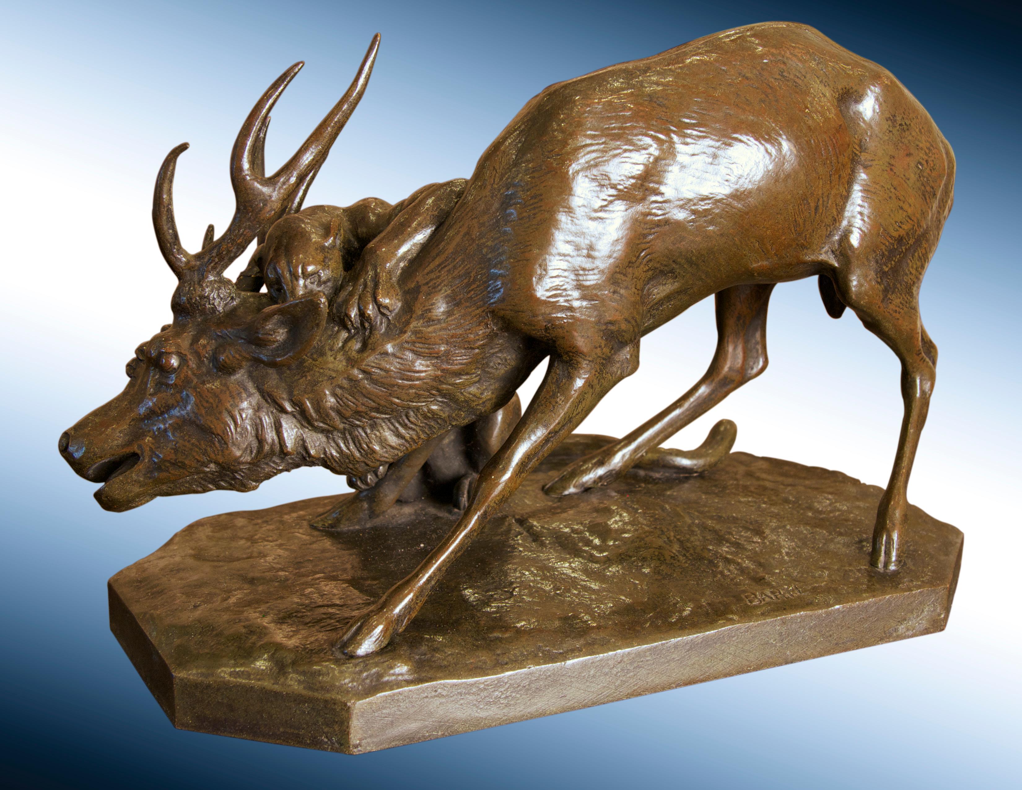 Panthere Saisissant un cerf - Sculpture di Antoine-Louis Barye