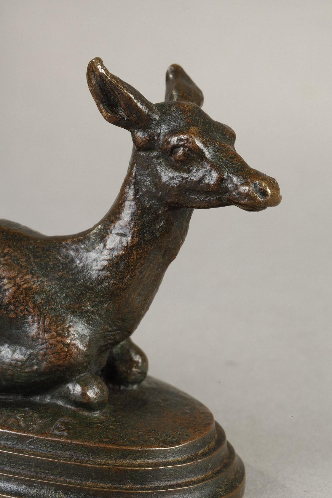 Reclining Doe
by Antoine-Louis Barye (1796-1875)

Bronze sculpture with a nuanced dark brown patina
signed 