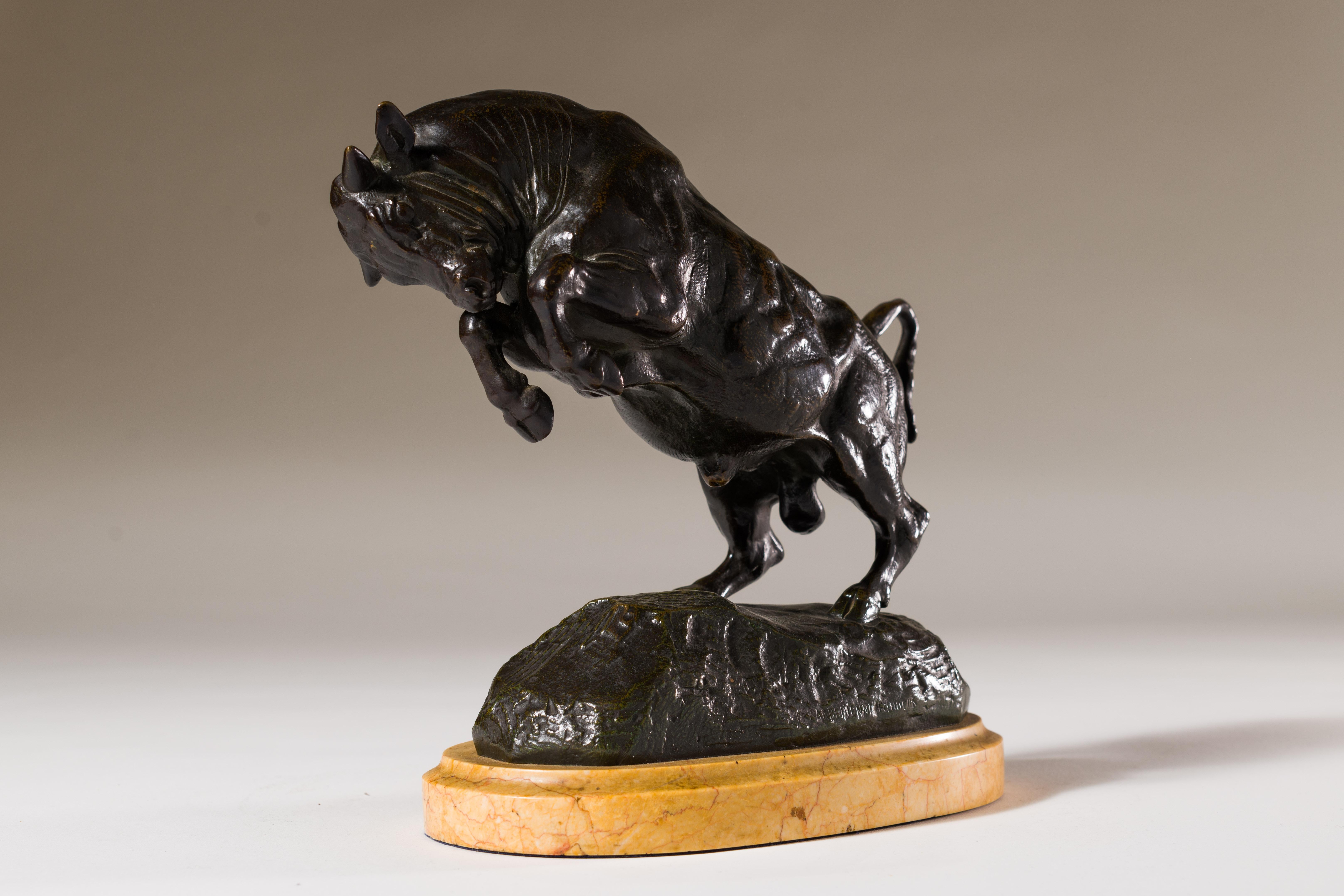 Antoine-Louis Barye was acclaimed as the finest sculptor of the French Animaliers School. As a 19th century sculptor he was an advocate for both naturalism and romanticism. This rearing bull is perfect to enliven a table or shelf and a real