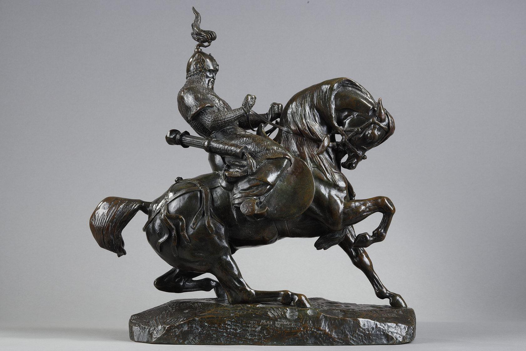 Le guerrier du Tartar arrêtant son cheval, sculpture en bronze - Sculpture de Antoine-Louis Barye