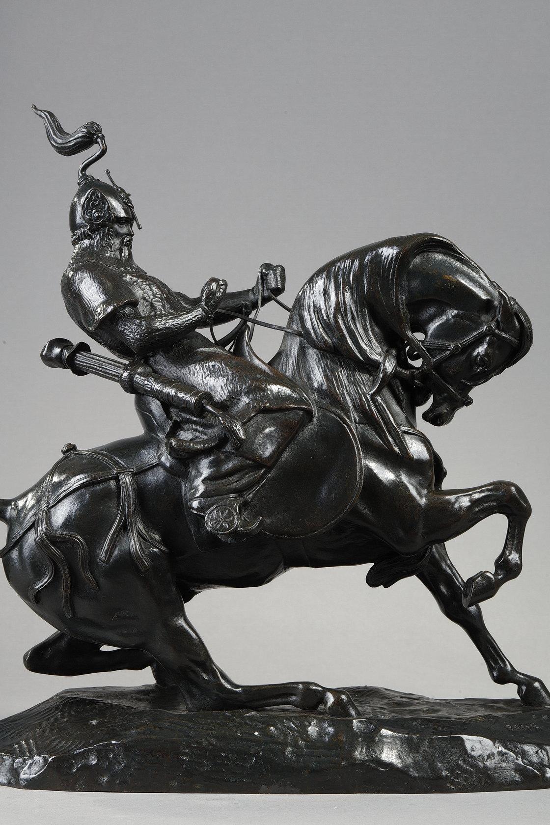 Tatarenkrieger hält sein Pferd an – Sculpture von Antoine-Louis Barye