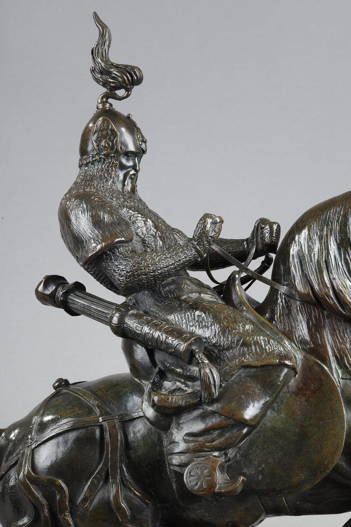 A very fine bronze equestrian sculpture with a nuanced dark greenish brown patina

France
model of 1845
Cast by Ferdinand Barbedienne around 1890-1900

height 37,3 cm
length of the base 31,5 cm
Marked with a souvenir date 