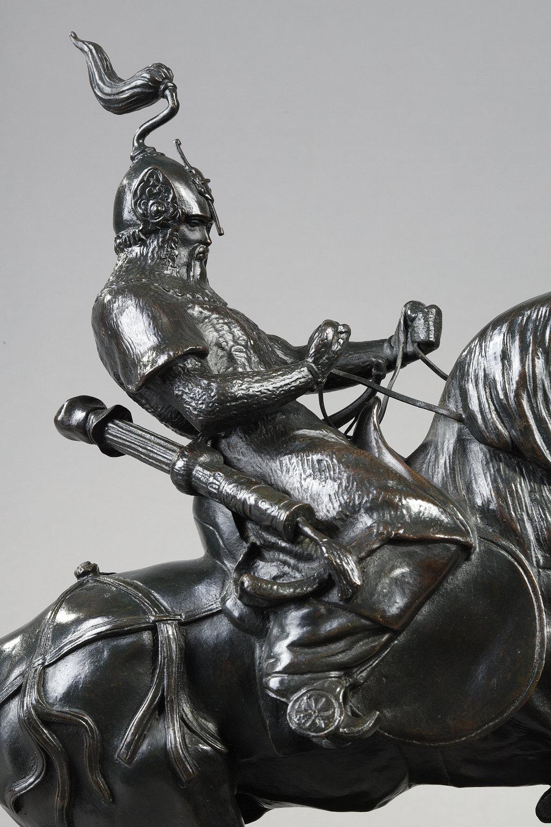 Tatarenkrieger hält sein Pferd an (Französische Schule), Sculpture, von Antoine-Louis Barye
