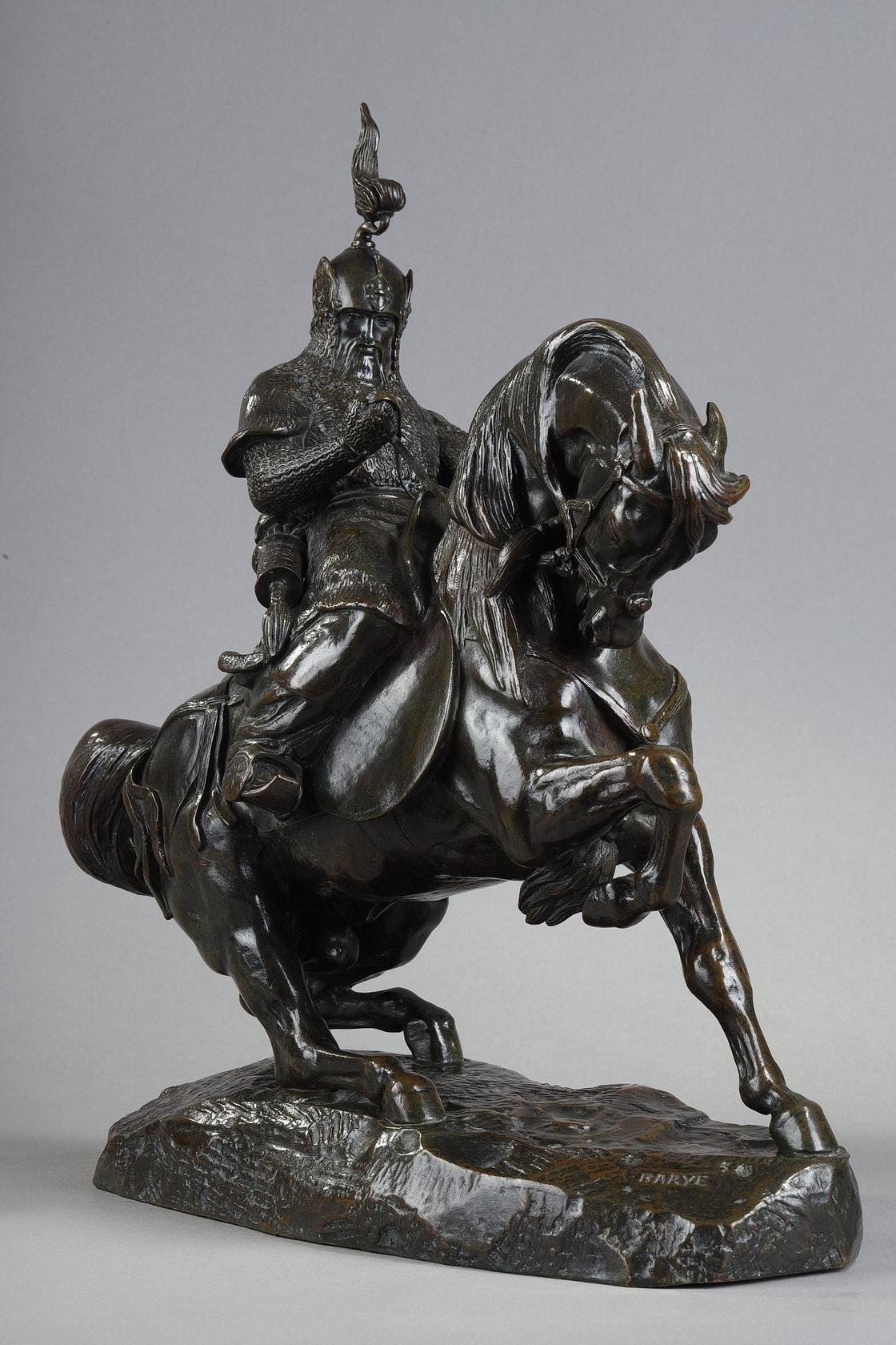 Antoine-Louis Barye Figurative Sculpture - Tartar Warrior stopping his Horse, bronze sculpture
