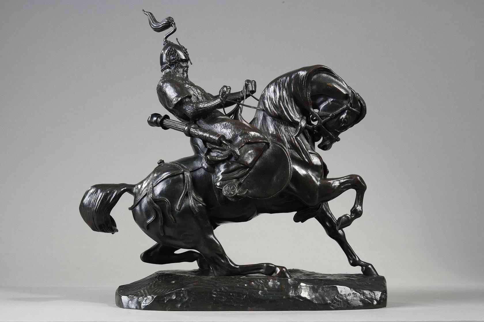 Antoine-Louis Barye Figurative Sculpture – Tatarenkrieger hält sein Pferd an