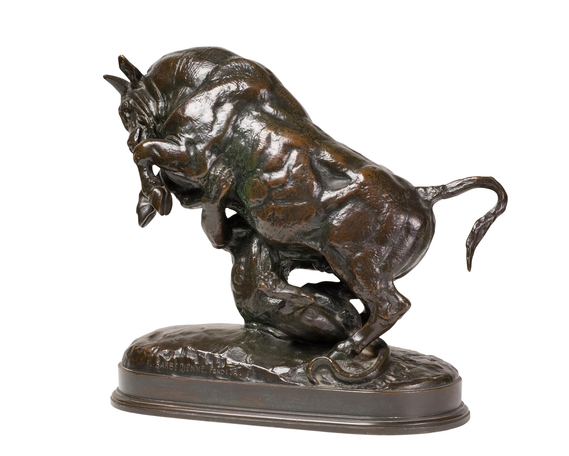 An acute observer of nature Barye was fascinated by the dramatic depiction of animals in the wild. These anomalies bronzes can sit on mantles and desks and elevate a room tremendously.
Modeled 1841-44, Taureau Attaque par un Tigre is a variation for