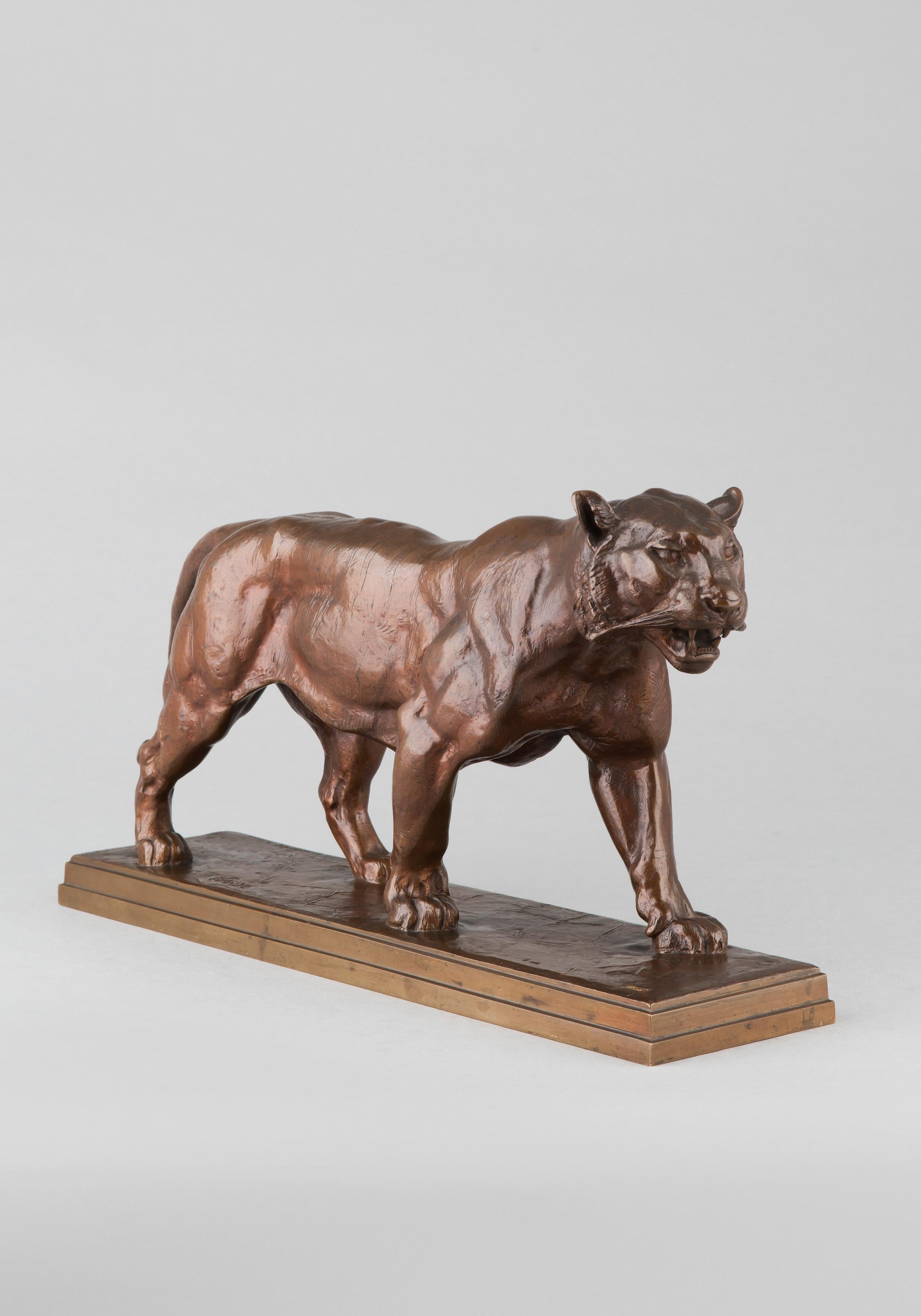 Tiger and Lion walking - Gold Figurative Sculpture by Antoine-Louis Barye
