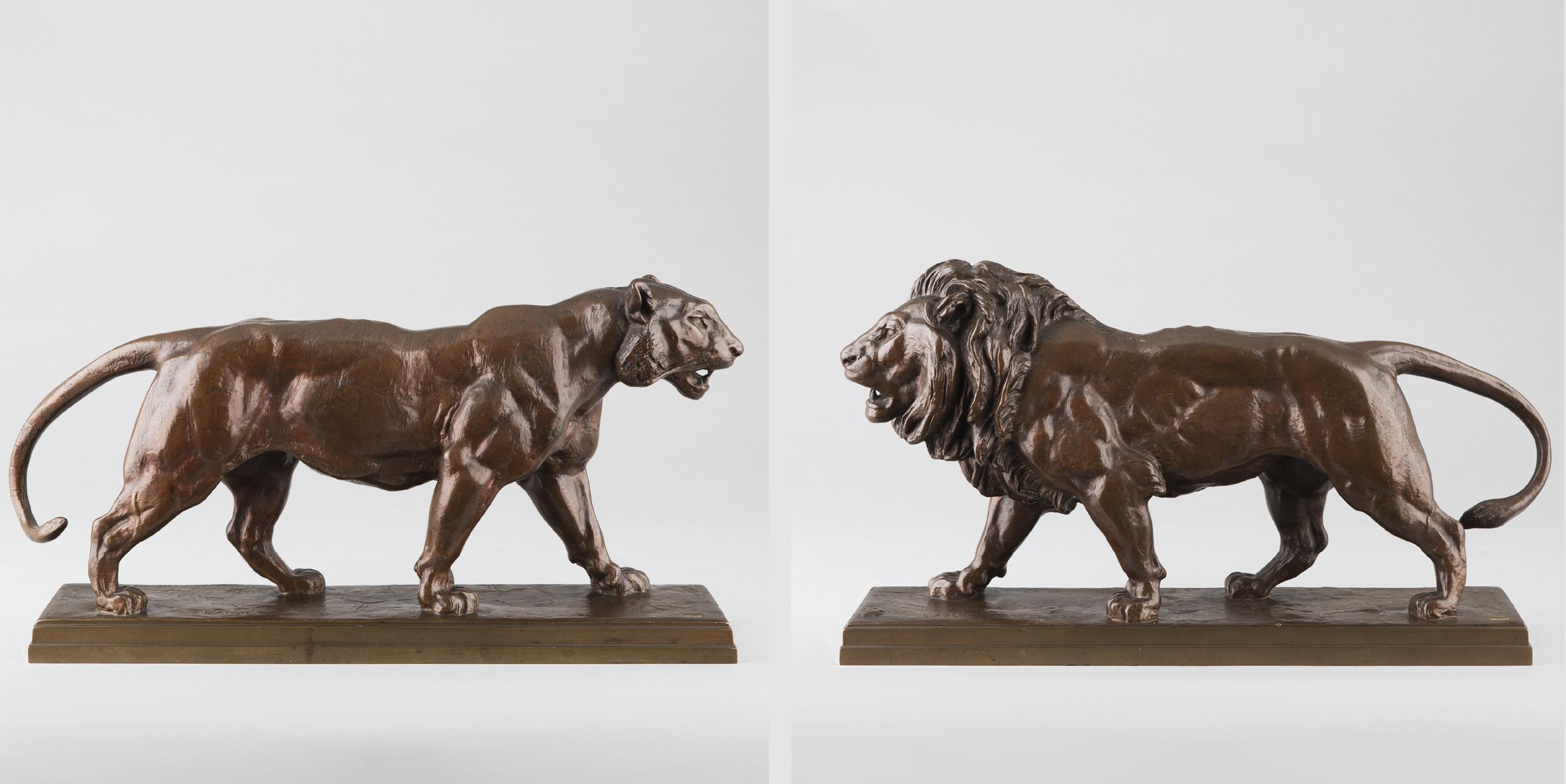 Antoine-Louis Barye Figurative Sculpture – Tiger und Löwe gehen laufend
