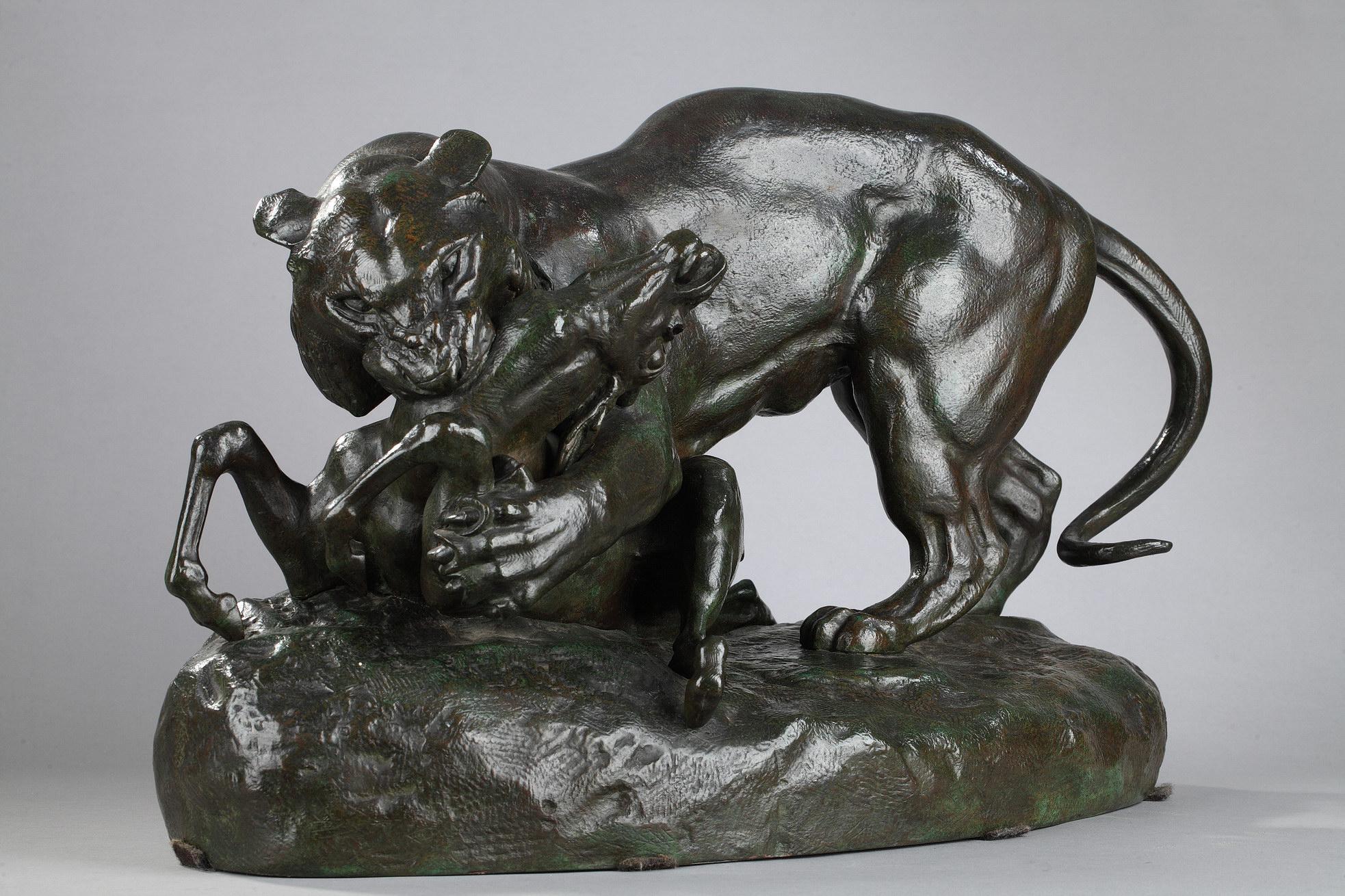 La tigre sorprende un'antilope - Sculpture Scuola francese di Antoine-Louis Barye