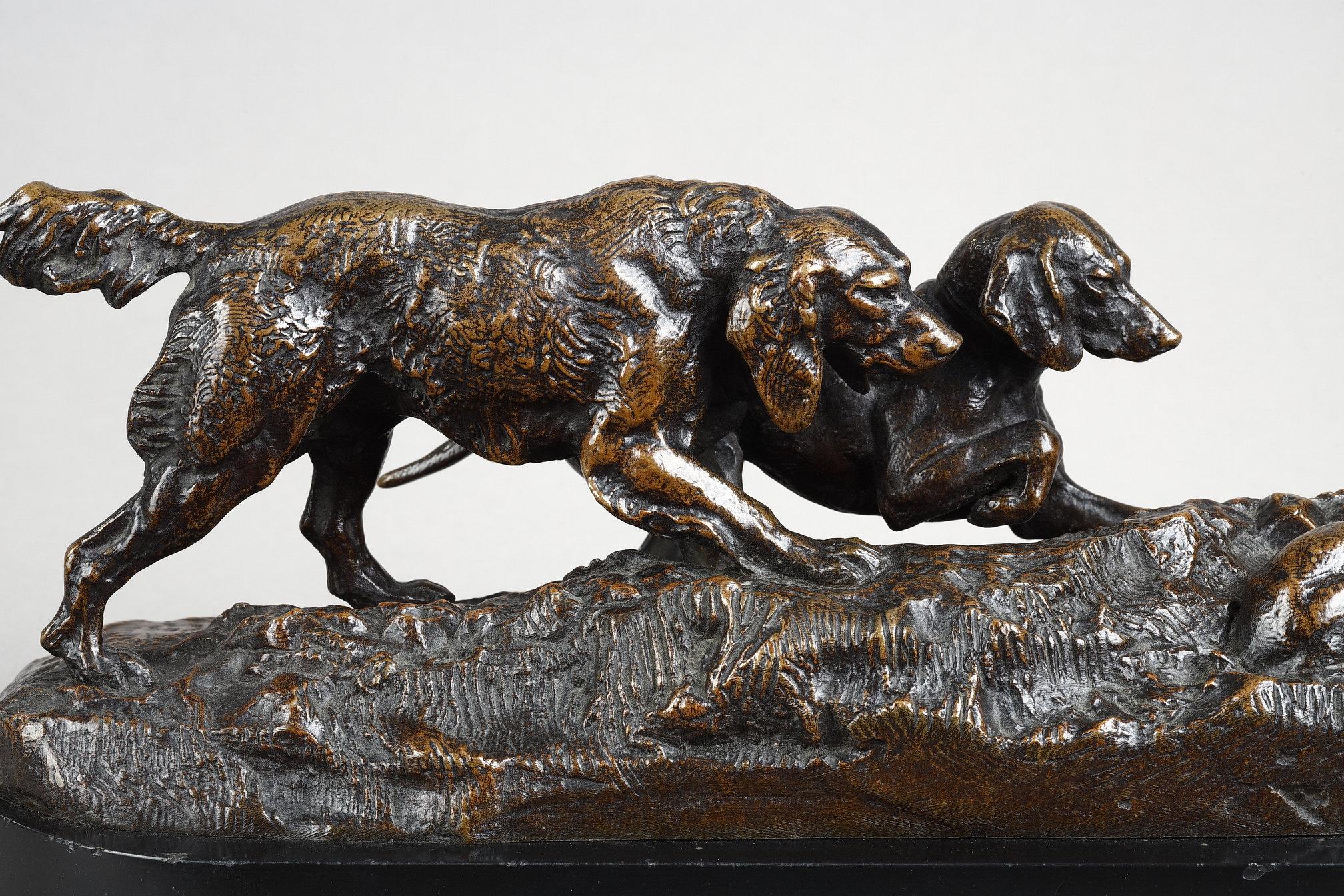 Two dogs pointing a rabbit - Sculpture by Antoine-Louis Barye