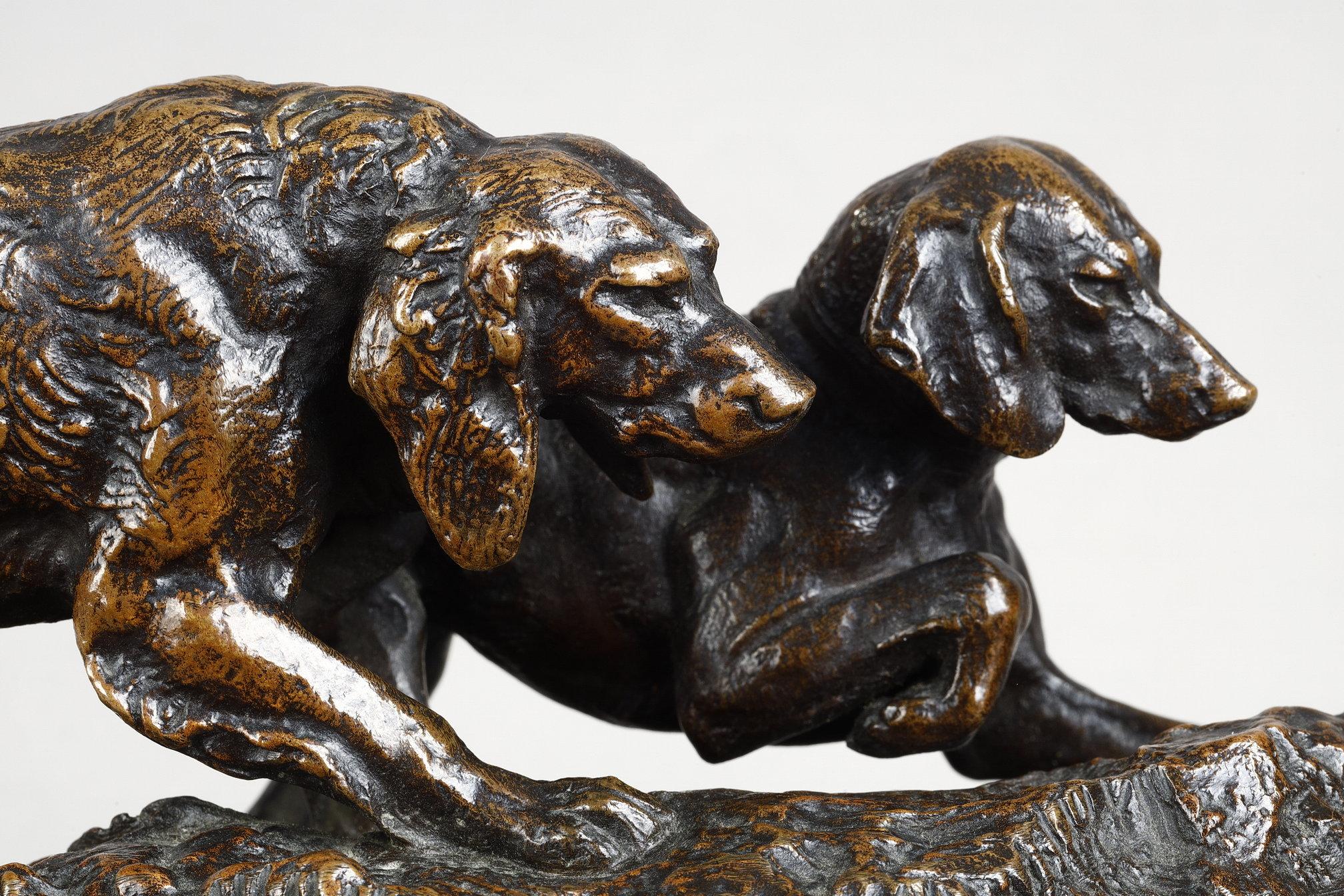 Two dogs pointing a rabbit - French School Sculpture by Antoine-Louis Barye