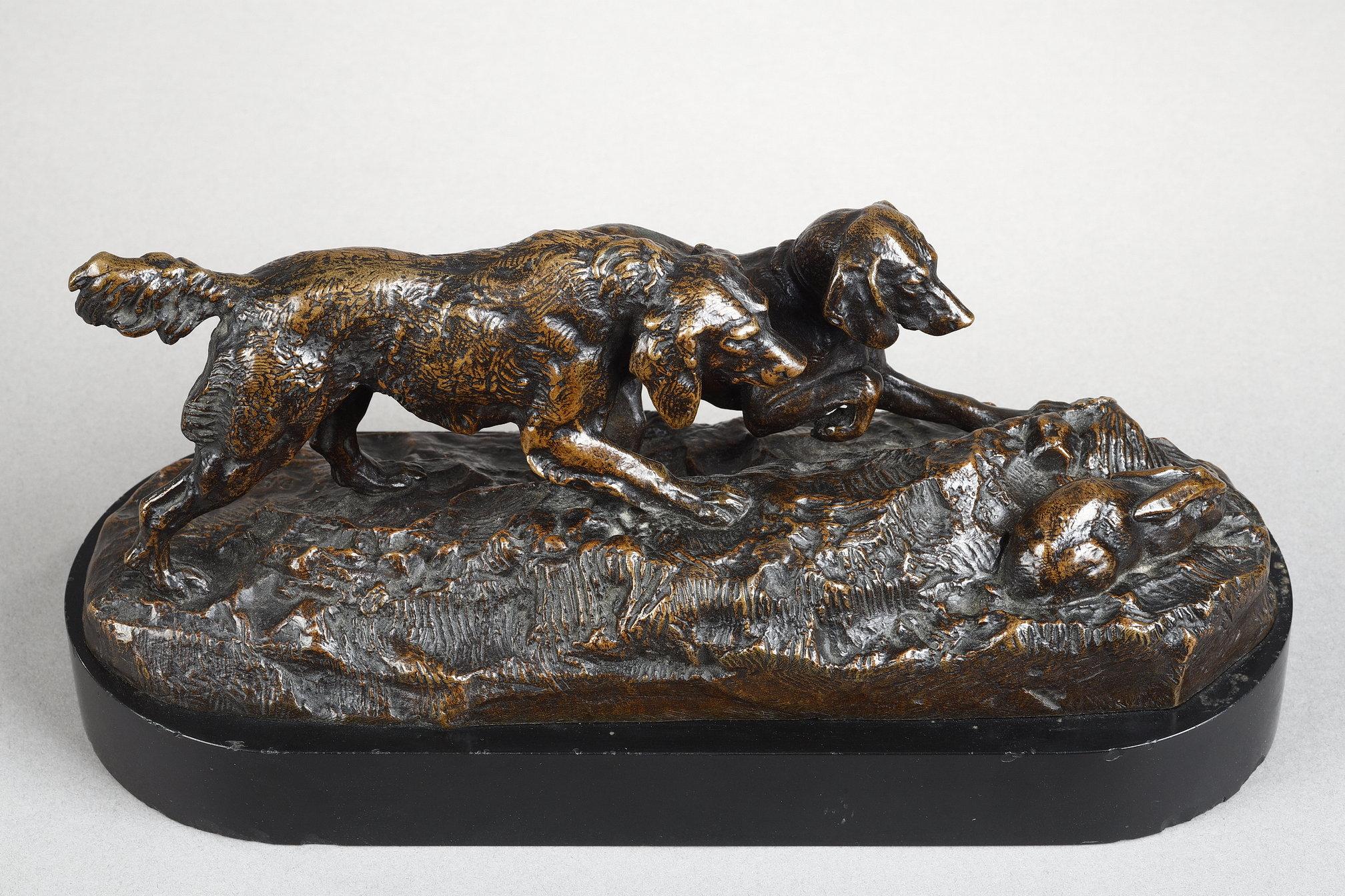 Two dogs pointing a rabbit - Gold Figurative Sculpture by Antoine-Louis Barye