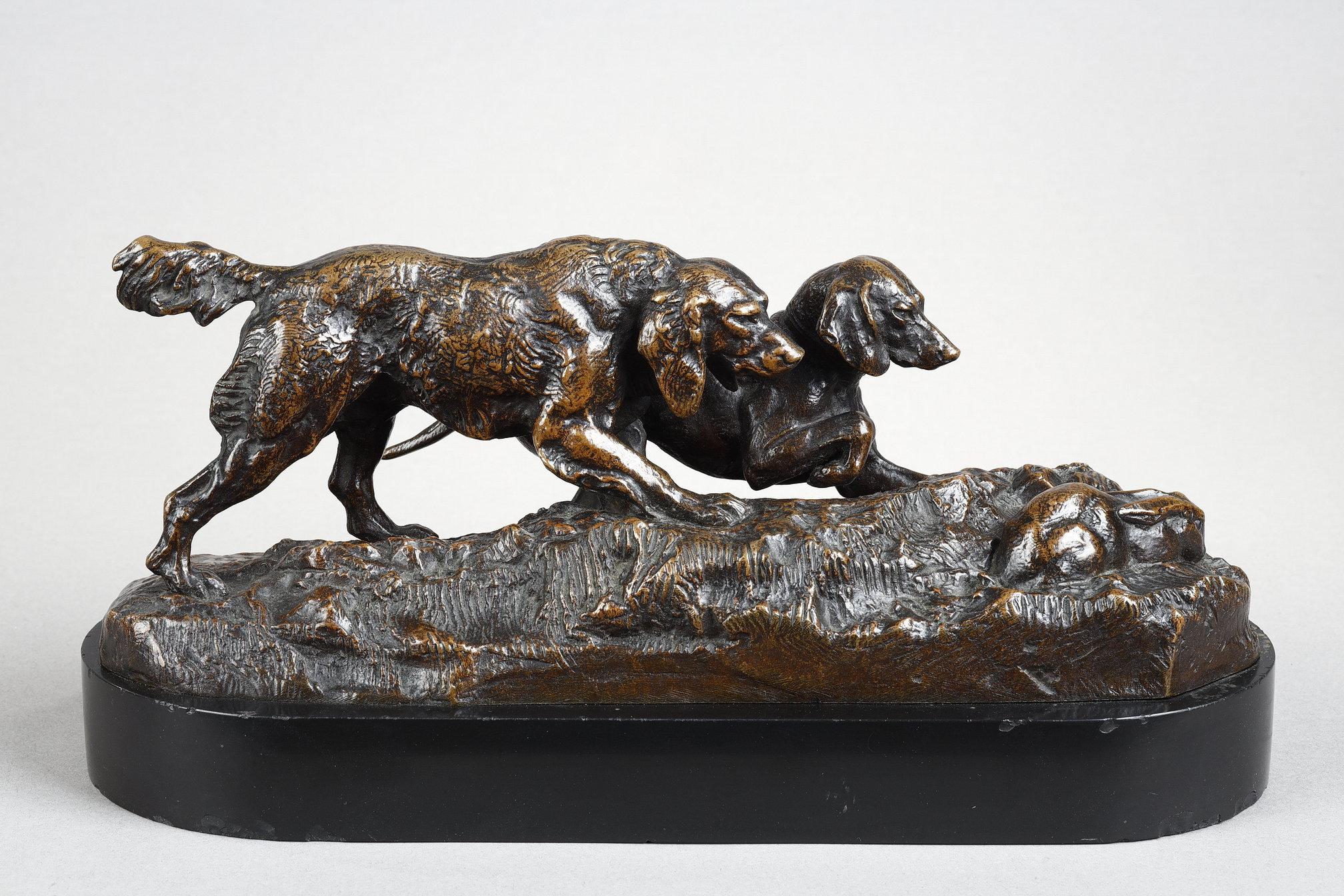 Antoine-Louis Barye Figurative Sculpture - Two dogs pointing a rabbit