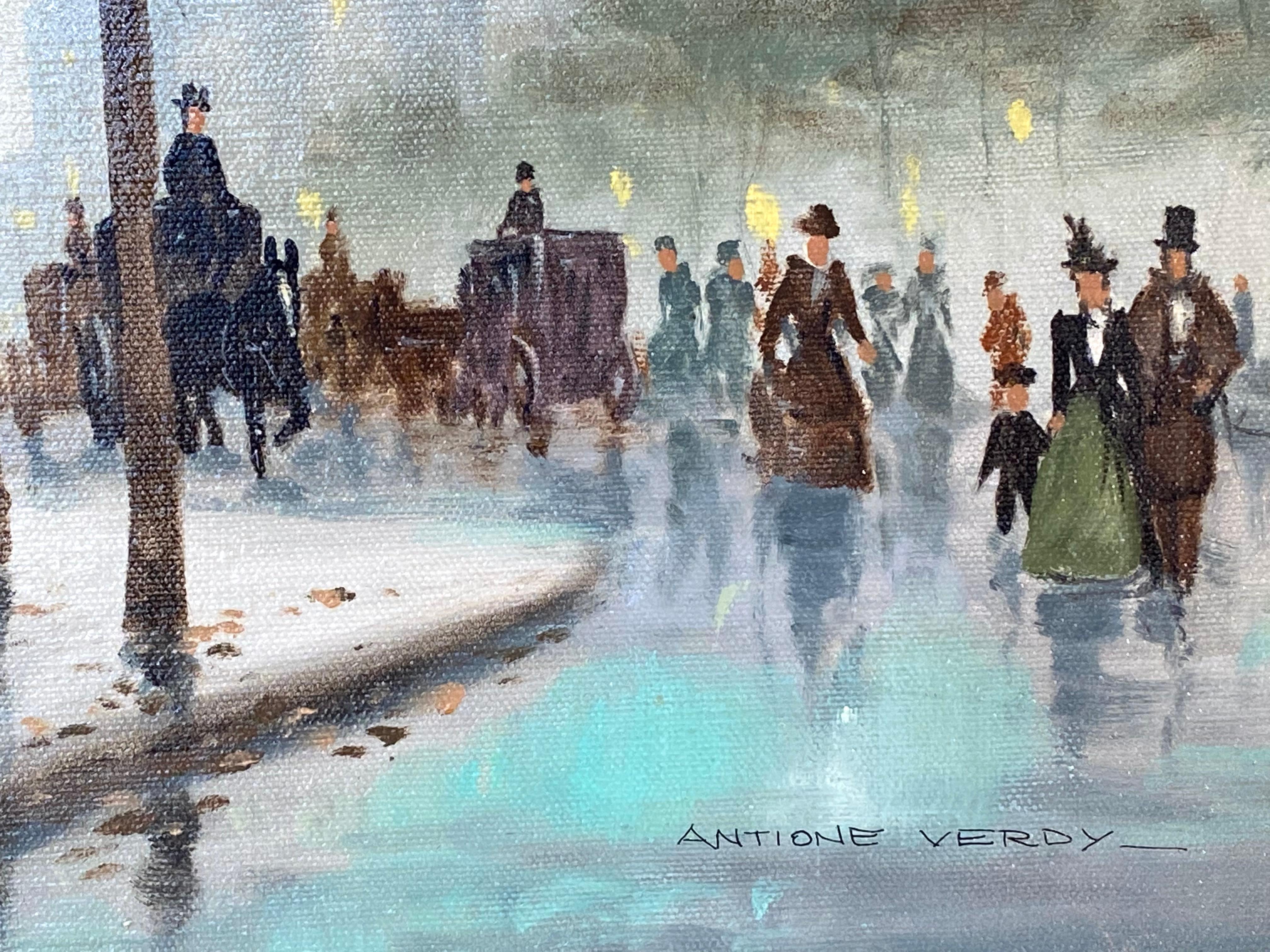 Originalgemälde in Öl auf Leinwand aus den alten Tagen von Paris mit flanierenden Parisern und Pferdekutschen, die sich nach einem Regen ihren Weg durch die Straßen von Paris entlang der Seine bahnen.  Im dunstigen Hintergrund sind historische