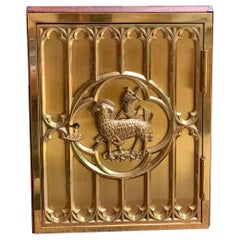 Antiq French Brass Tabernacle Box Reliquary Lamb of God Liturgical Cabinet 20thC