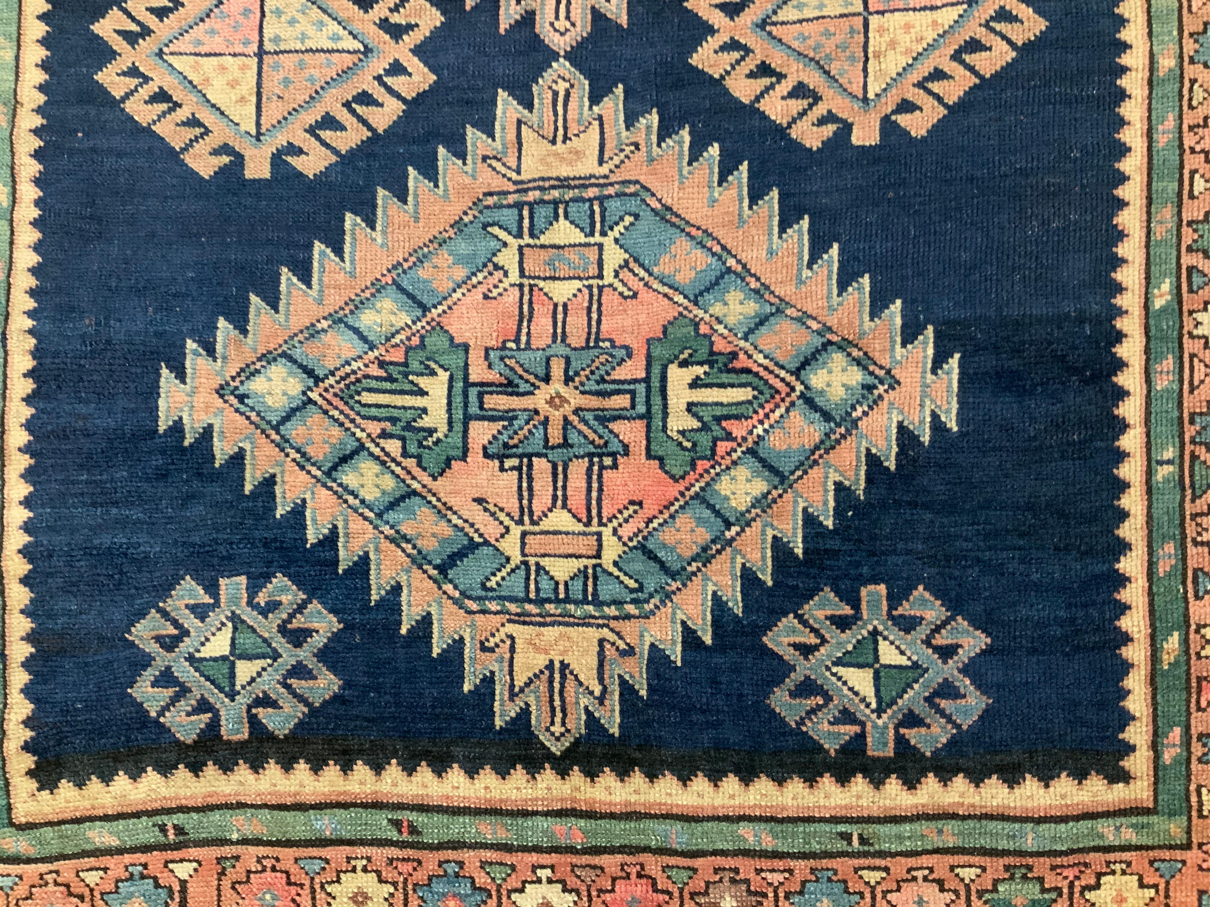 Antiqe Blue Geometric Kazak Rug For Sale 3