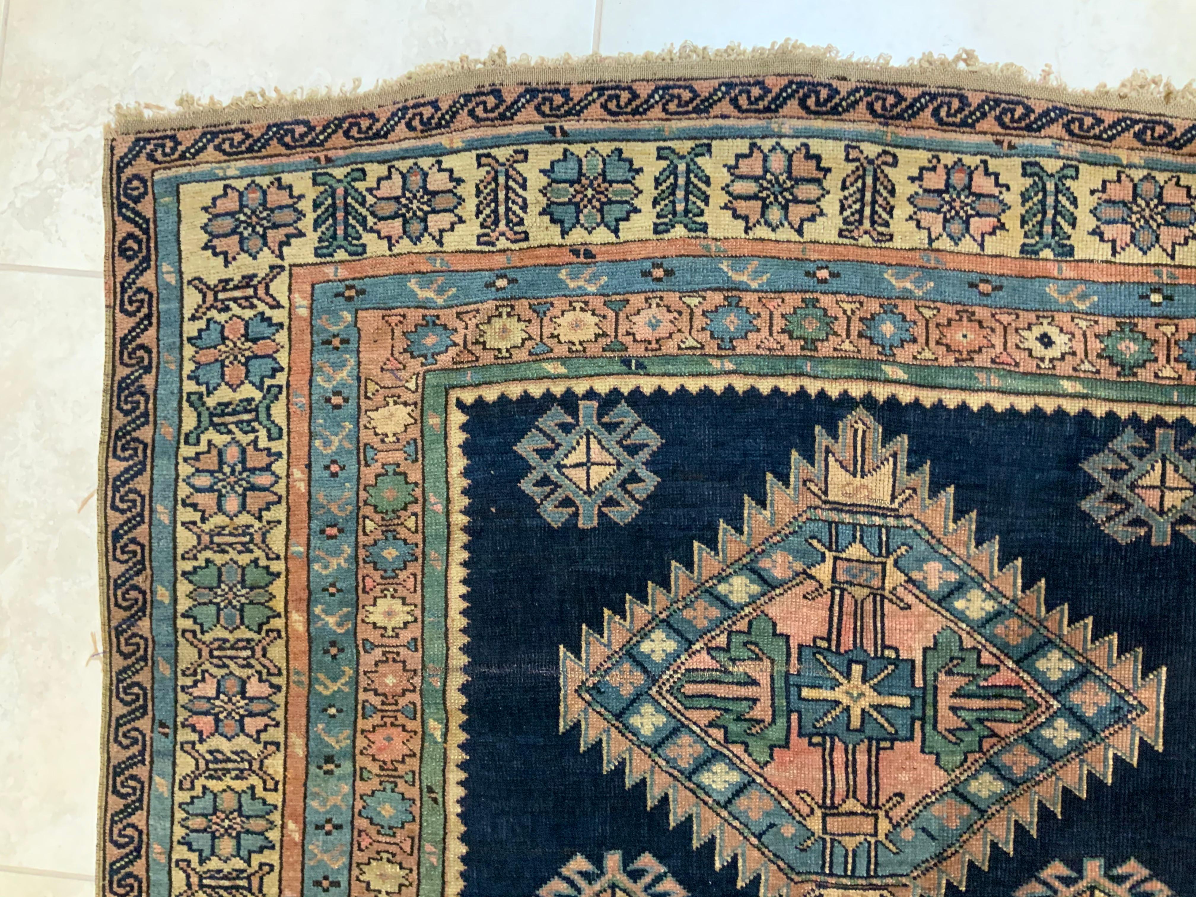 Antiqe Blue Geometric Kazak Rug For Sale 7