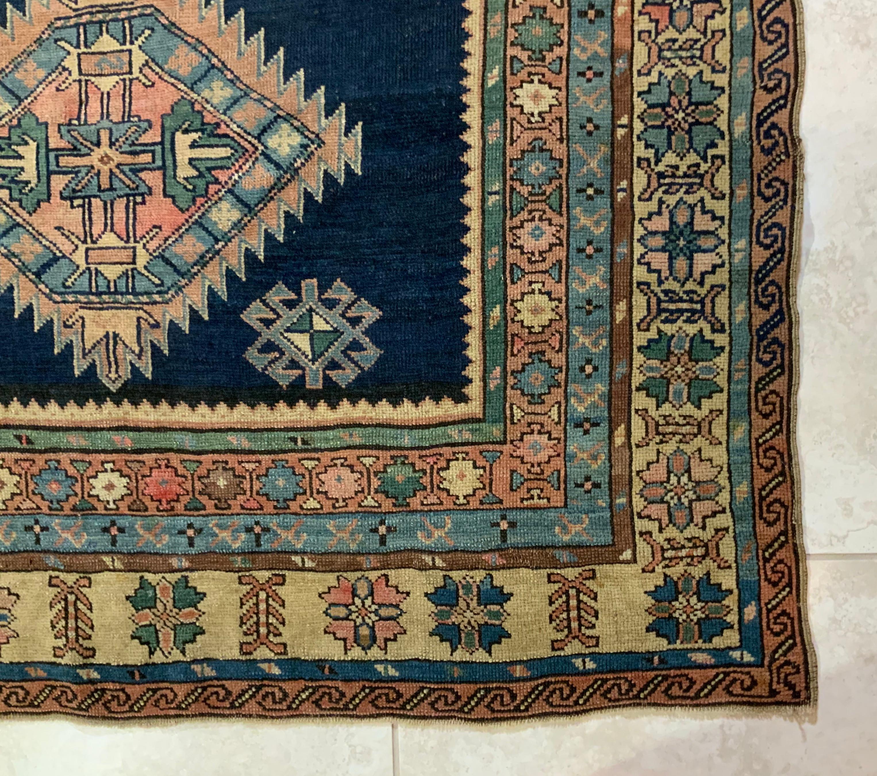 Antiqe Blue Geometric Kazak Rug For Sale 9